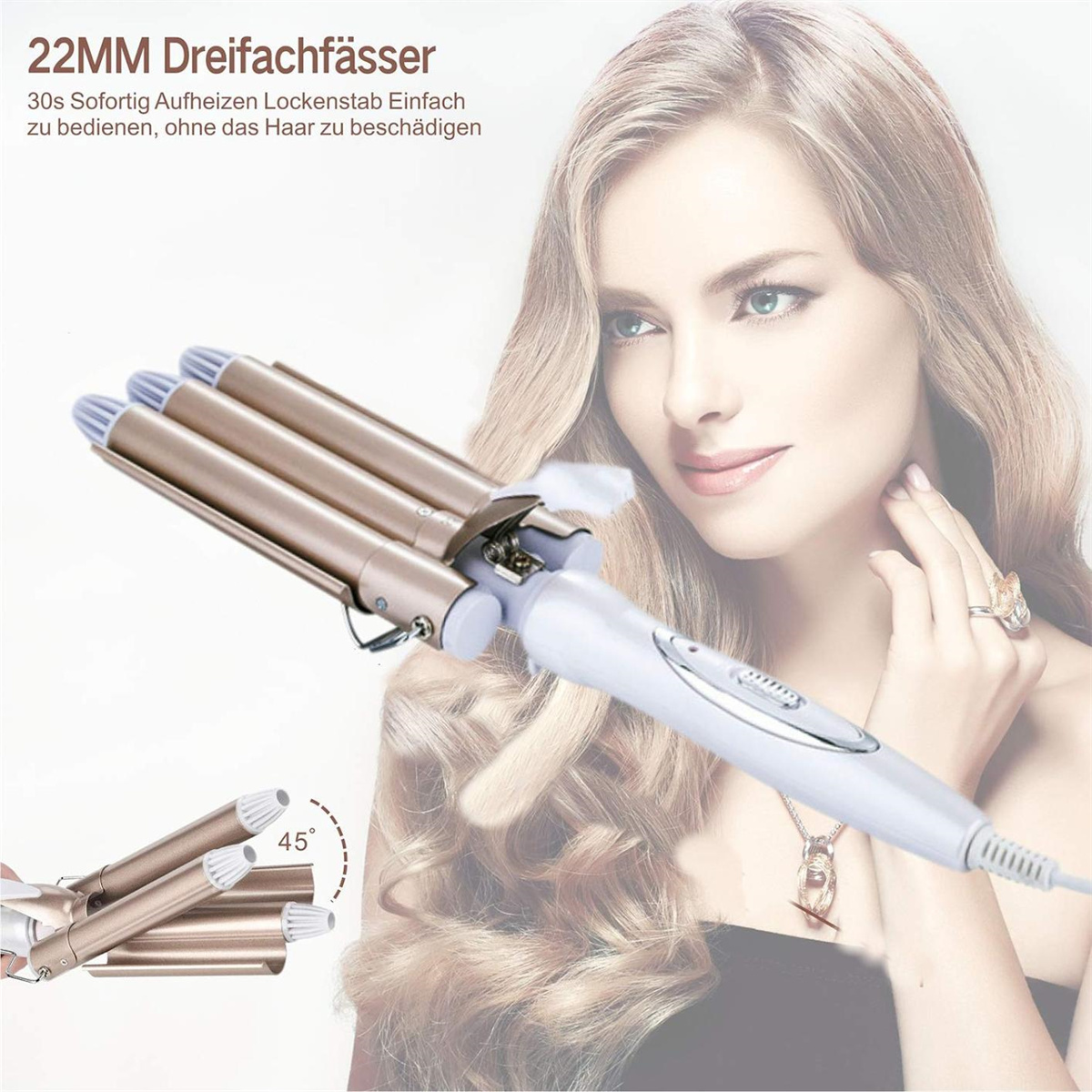 Frau mit einem Lockenstab. Das Eisen hat drei Läufe und einen weißen Griff, mit Text darauf.