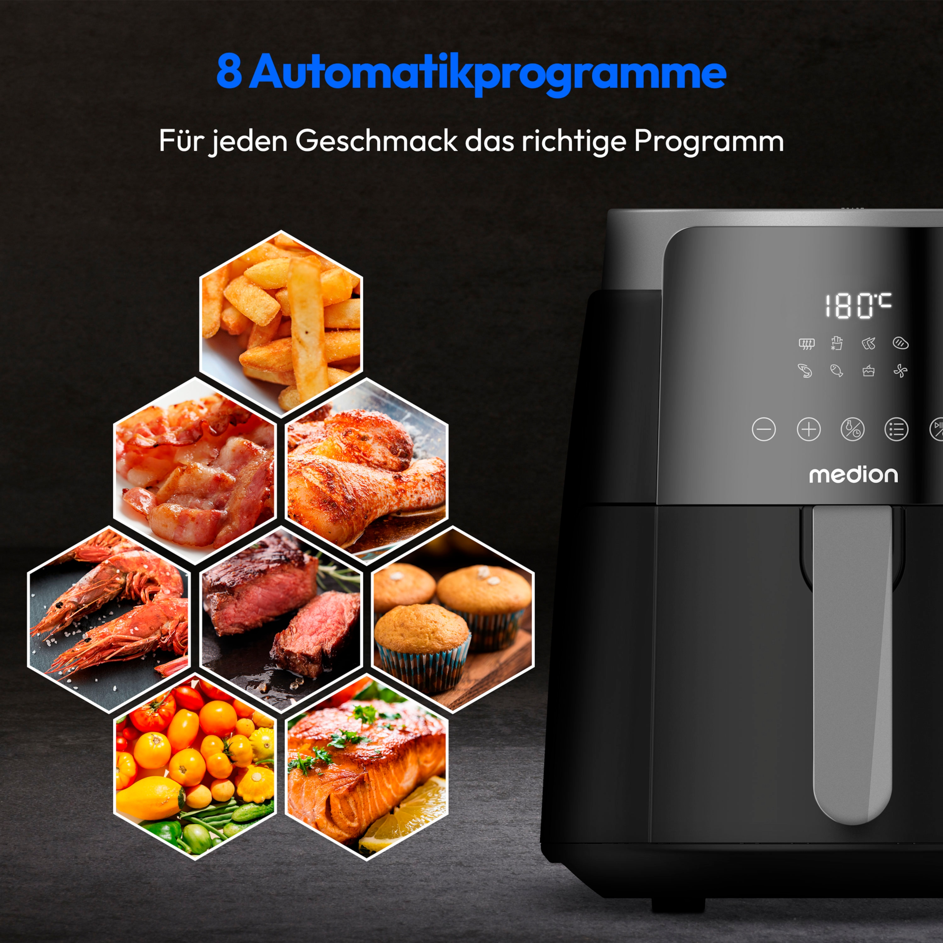 Zwarte airfryer met voedselafbeeldingen die verschillende gerechten tonen en tekst over programma's.