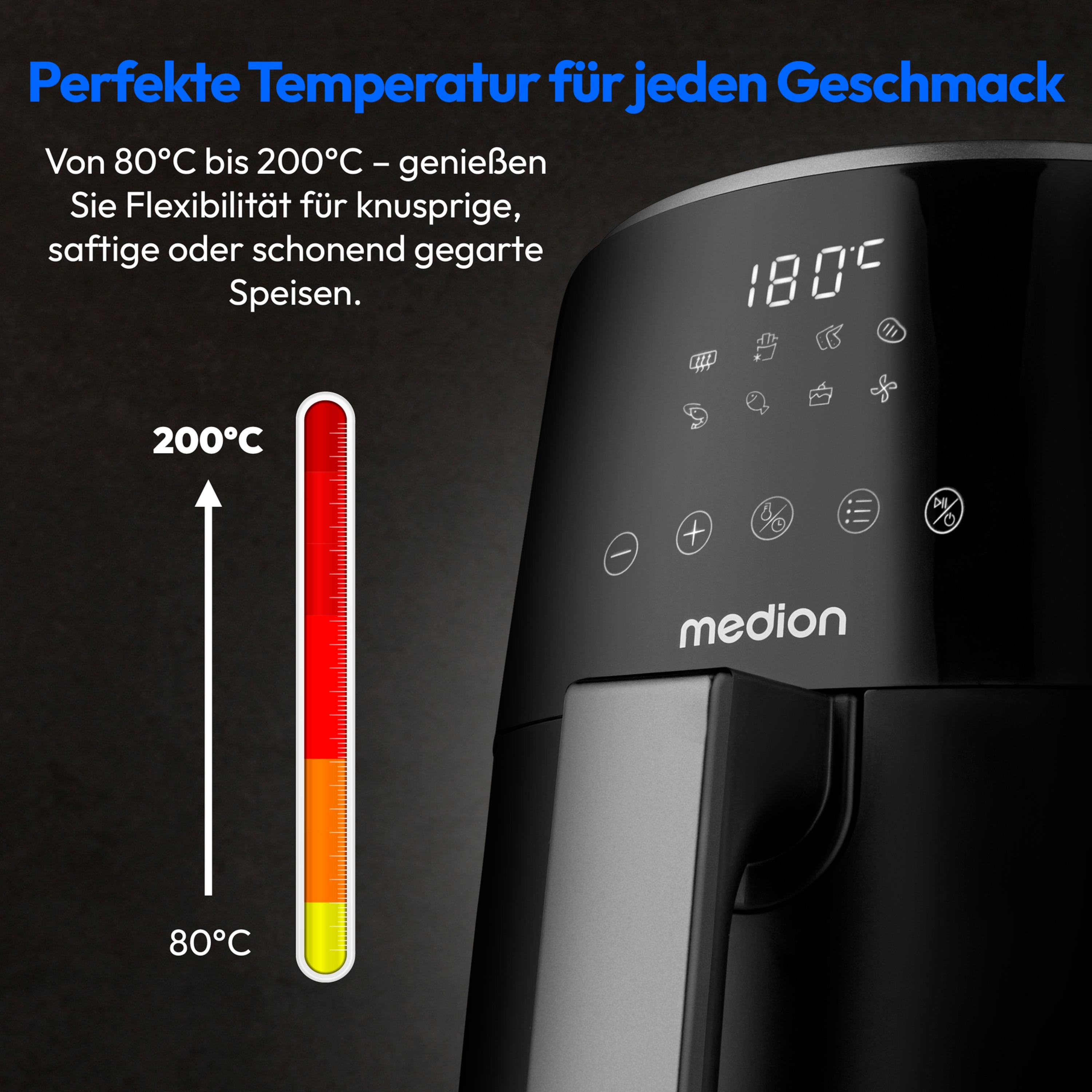 Een zwarte airfryer met een temperatuurmeter die 180°C aangeeft en een temperatuurbereik van 80°C tot 200°C.