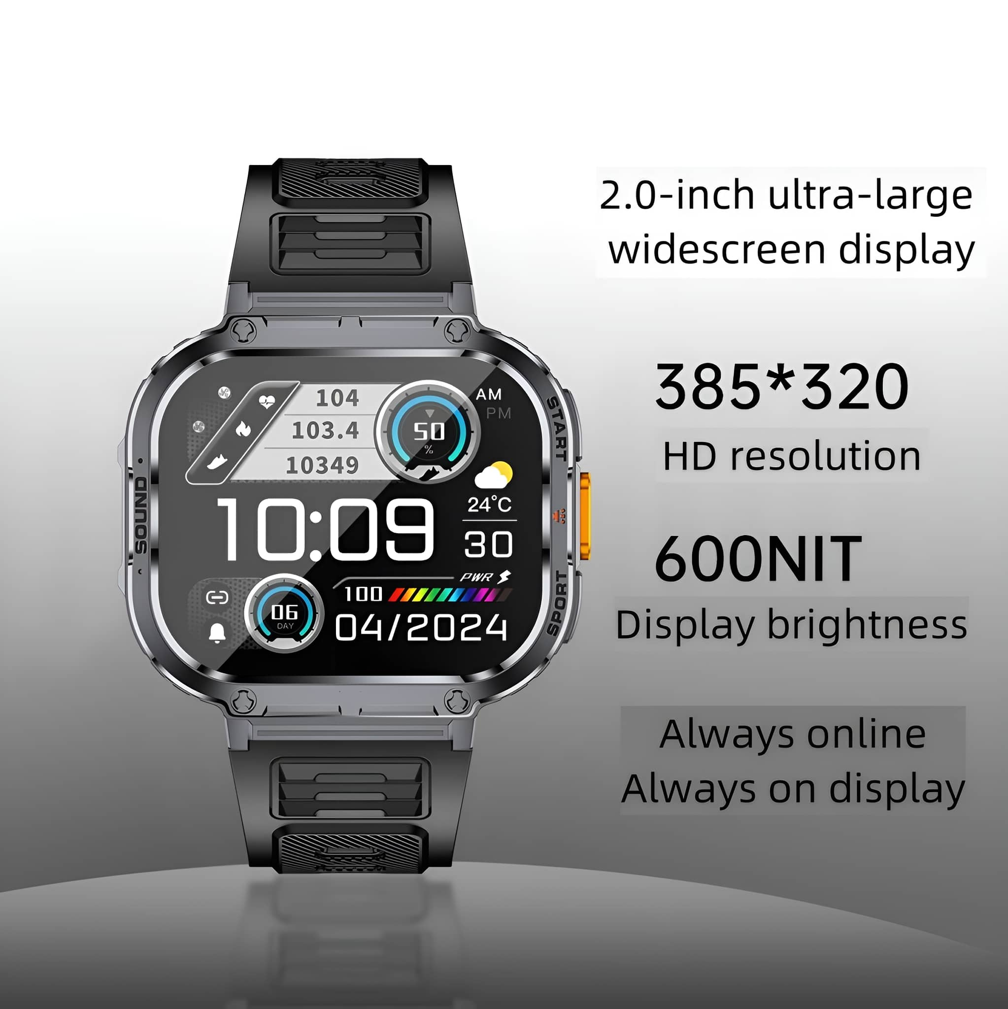 Smartwatch mit großem Display, das Zeit, Datum und Gesundheitsmetriken anzeigt. Text an der Seite.