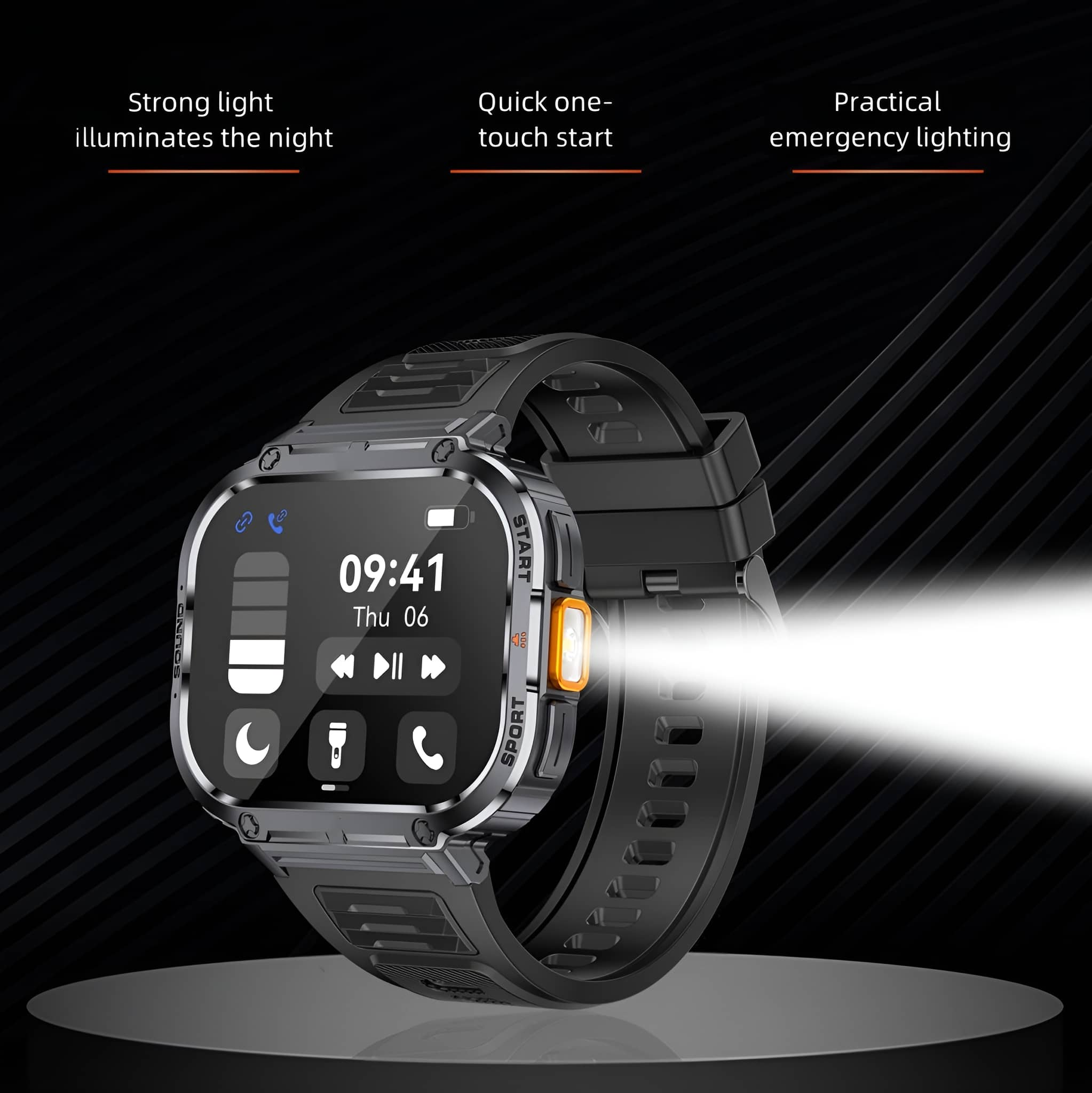 Eine schwarze Smartwatch mit digitaler Anzeige mit Zeit und Funktionen. Schwarz.