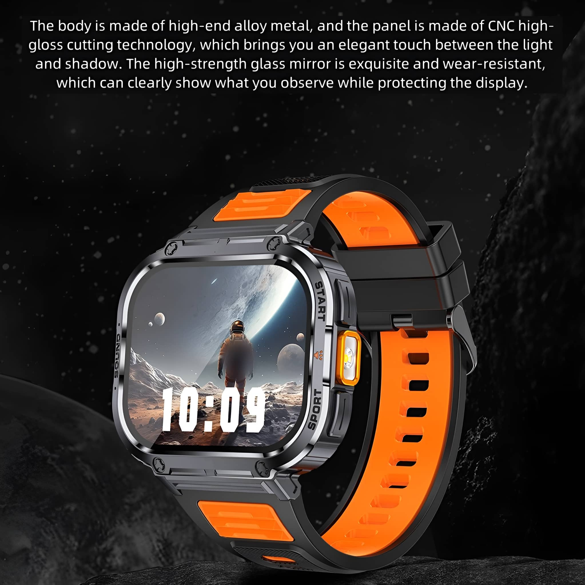 Smartwatch mit schwarzem und orangefarbenem Armband, zeigt die Uhrzeit. Schwarzer Hintergrund. High-Tech-Design.
