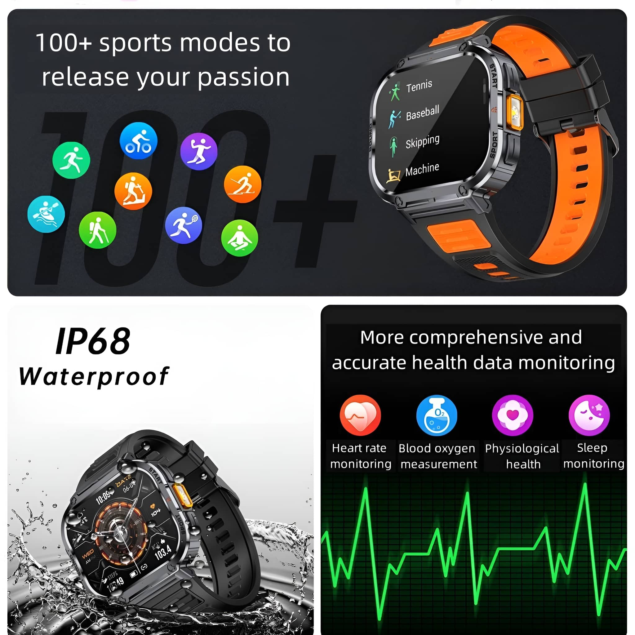 Smartwatch im Detail. Zeigt Sportmodi, Gesundheitsdaten und ist wasserdicht.