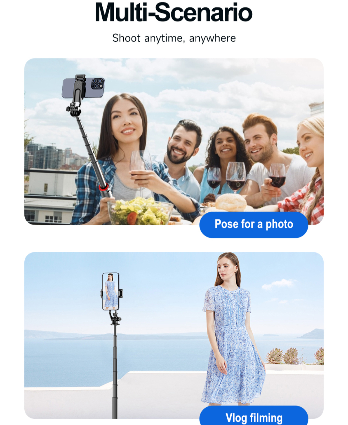 Menschen, die Fotos mit einem Selfie-Stick machen. Es wird für Vlogging und Gruppenfotos verwendet.