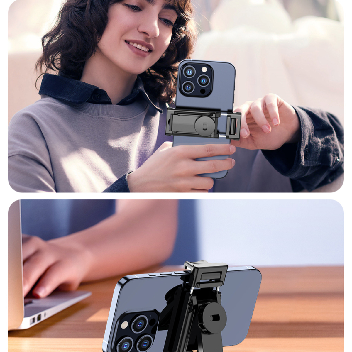 Zwei Bilder einer Frau, die ein Telefon mit einem Telefonhalter zur Videoaufnahme verwendet.