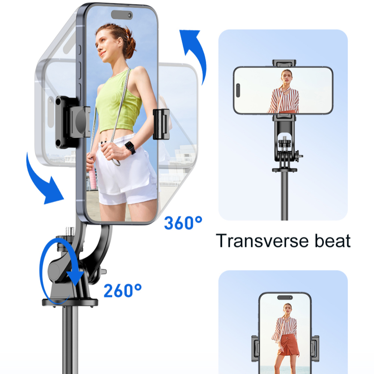 Ein Smartphone wird von einem Telefonhalter gehalten. Der Halter kann sich um 360 Grad drehen und einen Queranschlag ausführen.
