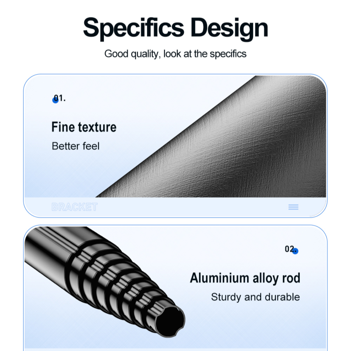Nahaufnahmen eines schwarzen Stabs mit feiner Textur und einer Aluminiumlegierung.