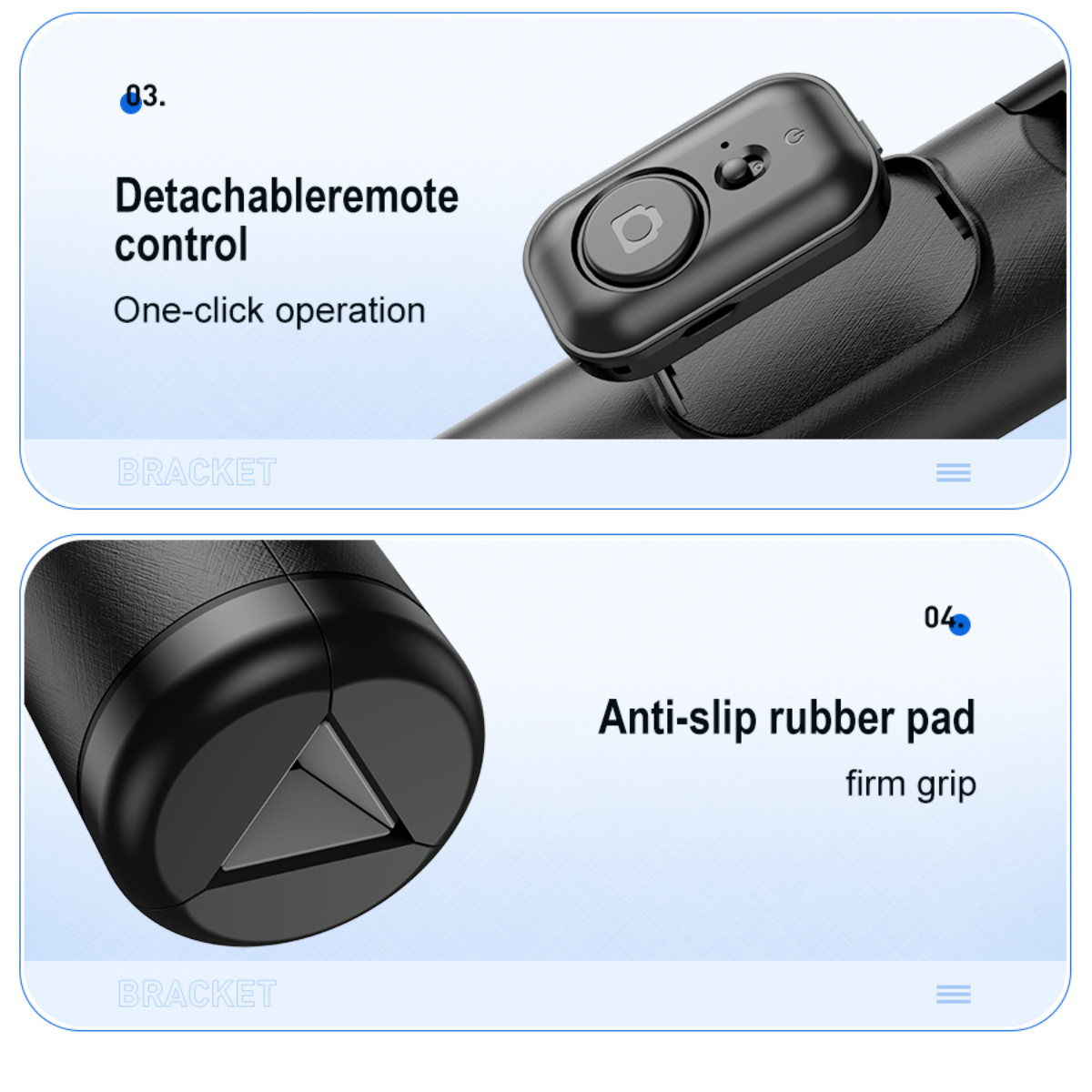 Nahaufnahmen von abnehmbarer Fernbedienung und rutschfester Gummiunterlage.