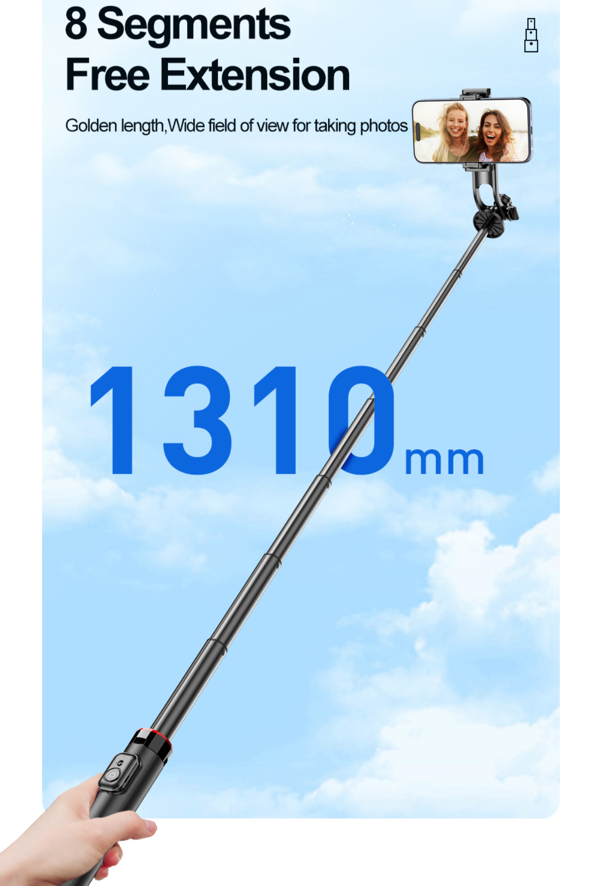 Ein schwarzer Selfie-Stick ist vor blauem Himmel ausgezogen. Ein Telefon ist oben befestigt.