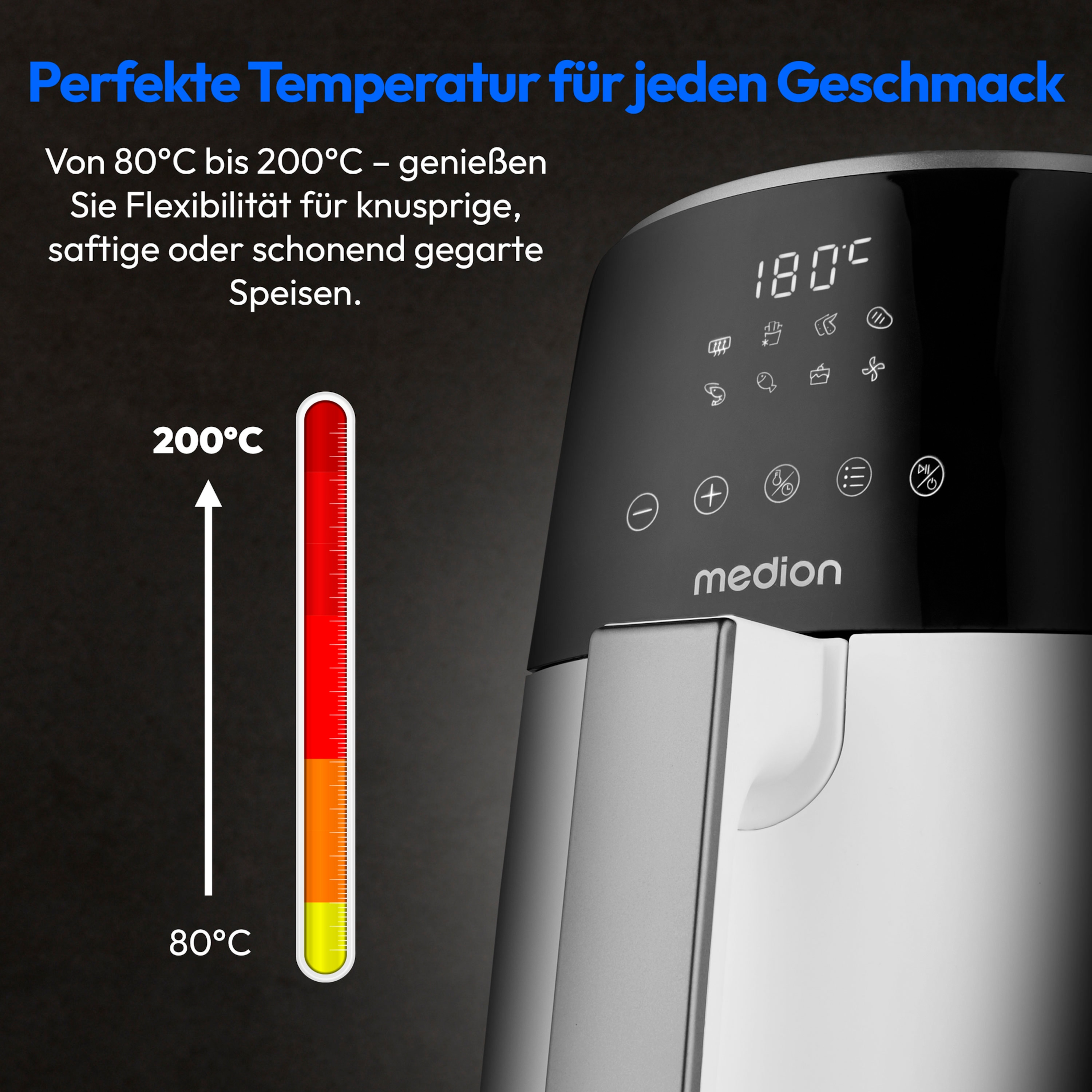 Een heteluchtfriteuse toont de temperatuur, met een visuele temperatuurgids aan de zijkant.