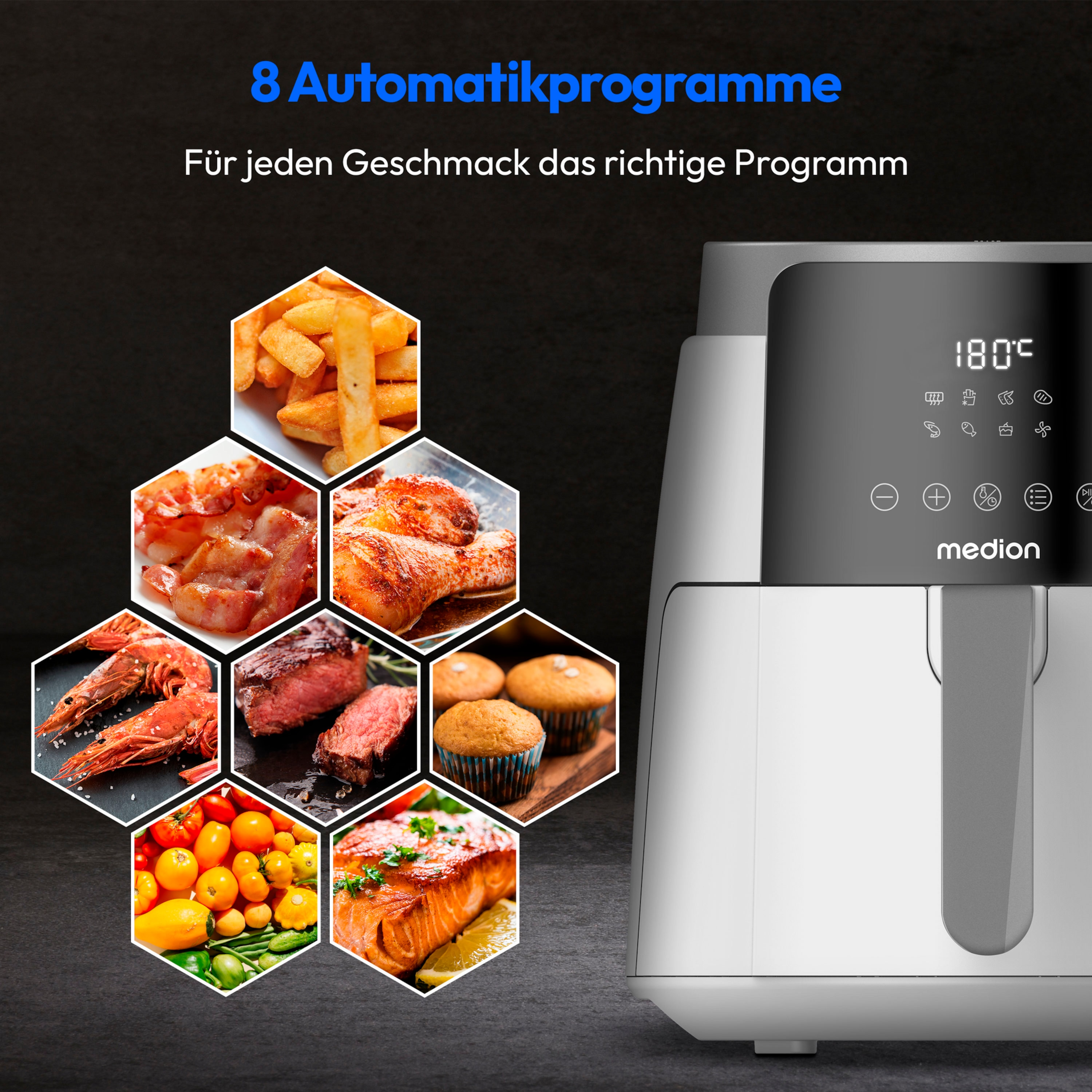 Airfryer met voedselopties, waaronder frites en garnalen.