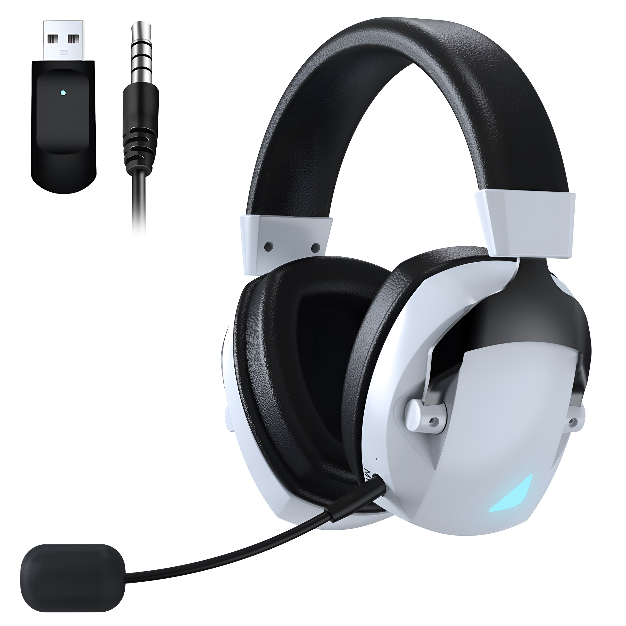 Weißes und schwarzes Gaming-Headset mit Mikrofon und USB-Empfänger.