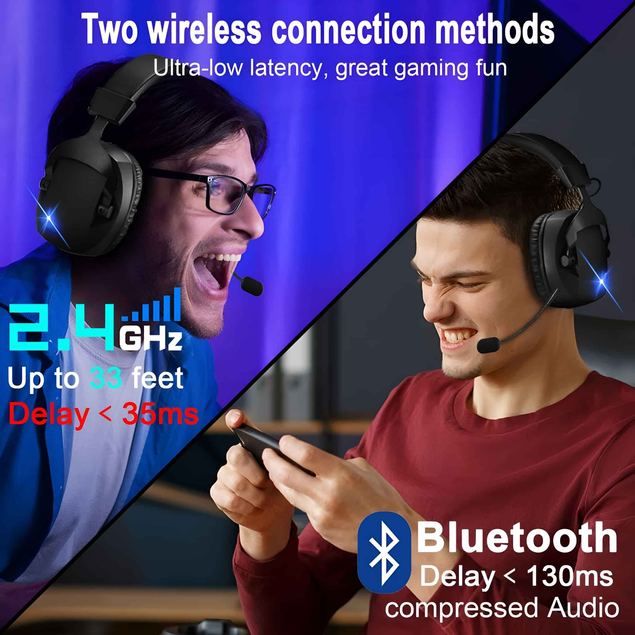 Zwei Männer mit Headsets zeigen drahtlose Verbindungsmethoden mit Text und Bildern.