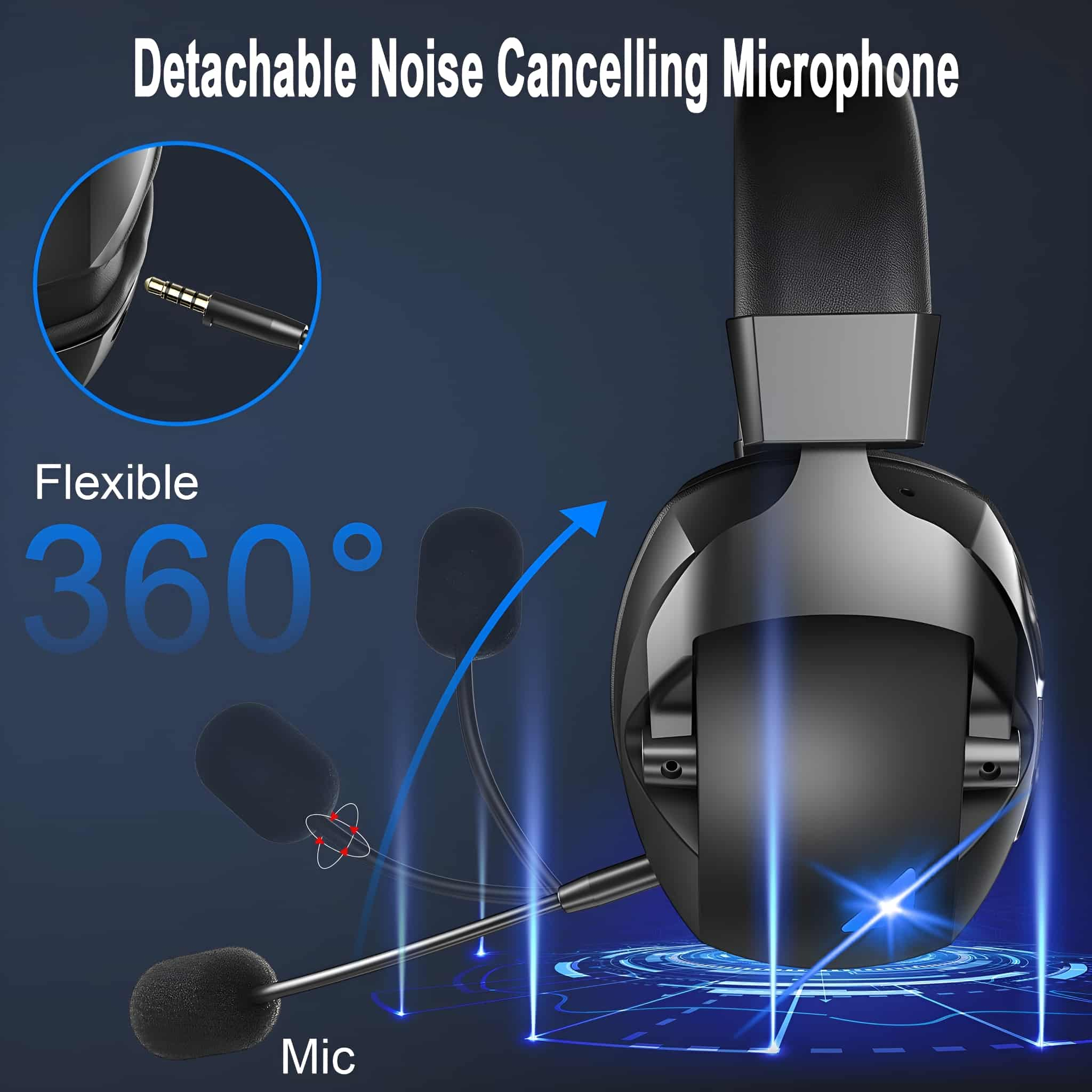 Schwarze Kopfhörer mit abnehmbarem Noise-Cancelling-Mikrofon, mit 360° flexibler Bewegung.