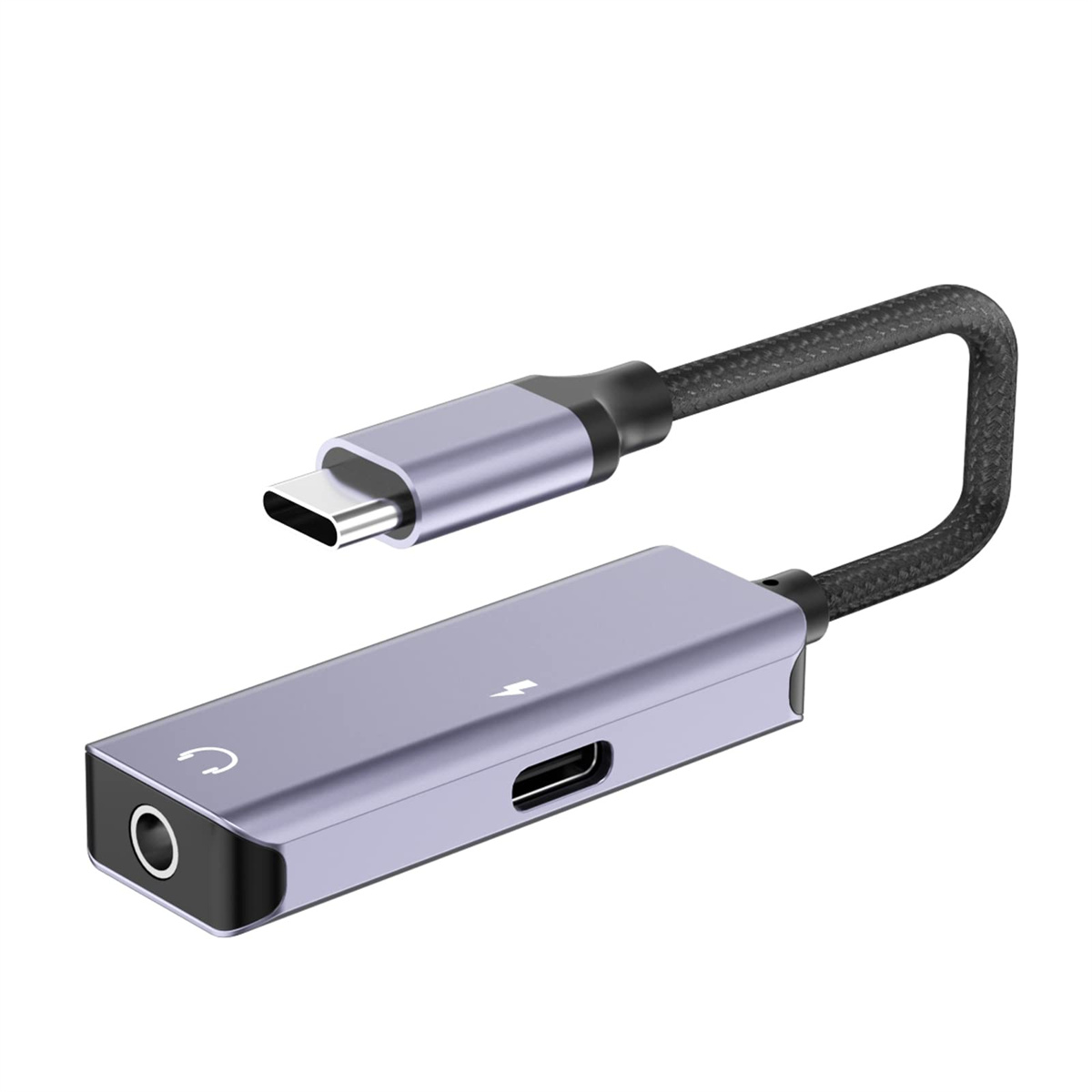 Ein Kabeladapter, USB-C auf Audio-Buchse, mit metallischer Farbe.