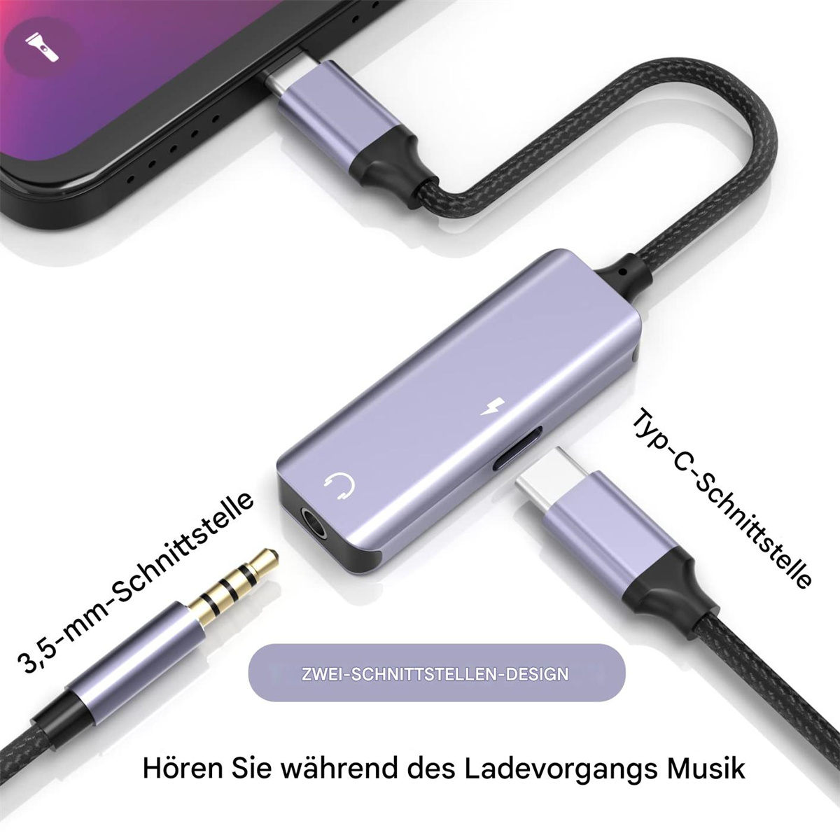 Telefon mit USB-C-Adapter, 3,5-mm-Klinke und USB-C-Anschluss, Laden wird angezeigt.