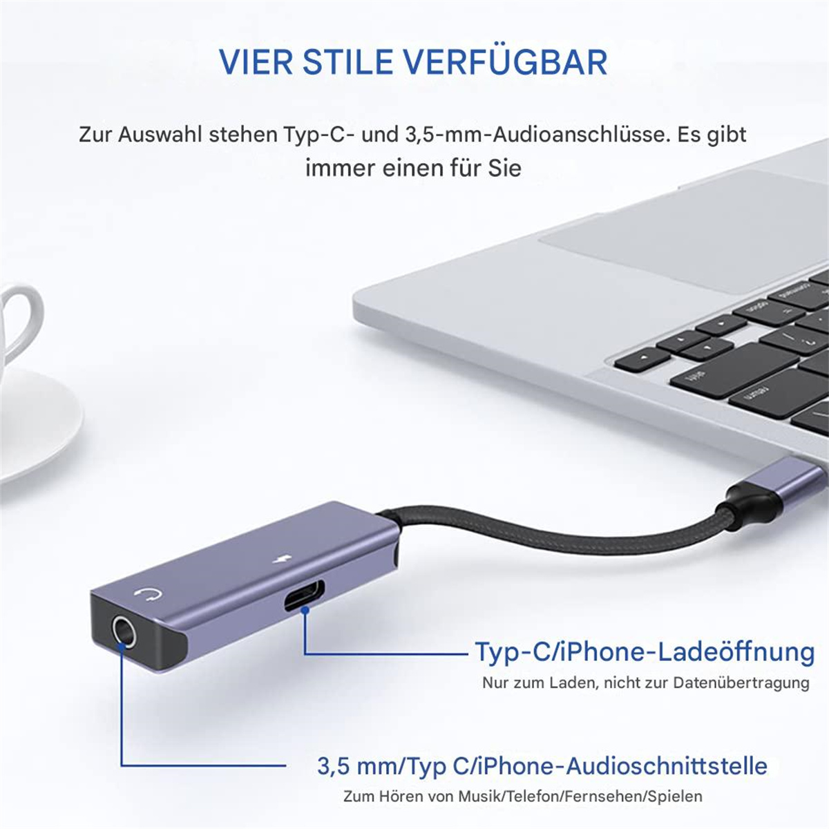 Ein Adapter mit USB-C-Anschluss und 3,5-mm-Klinke, neben einem Laptop mit deutschem Text.