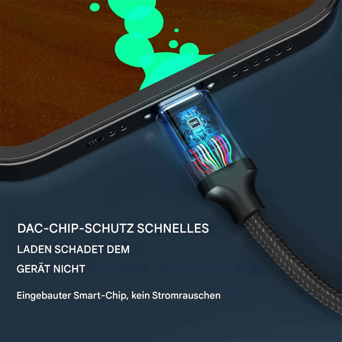 Ein Telefon mit eingestecktem Ladekabel. Text: DAC-CHIP-SCHUTZ SCHNELLES LADEN SCHADET DEM GERÄT NICHT.