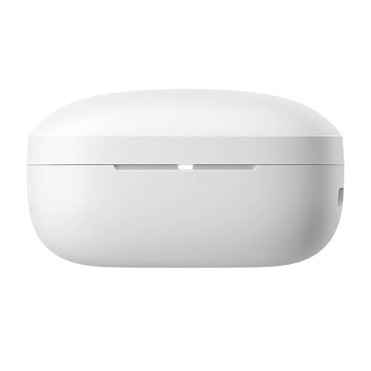 Białe etui na słuchawki. Owalny kształt z małym otworem na górze. Czysty, minimalistyczny design.