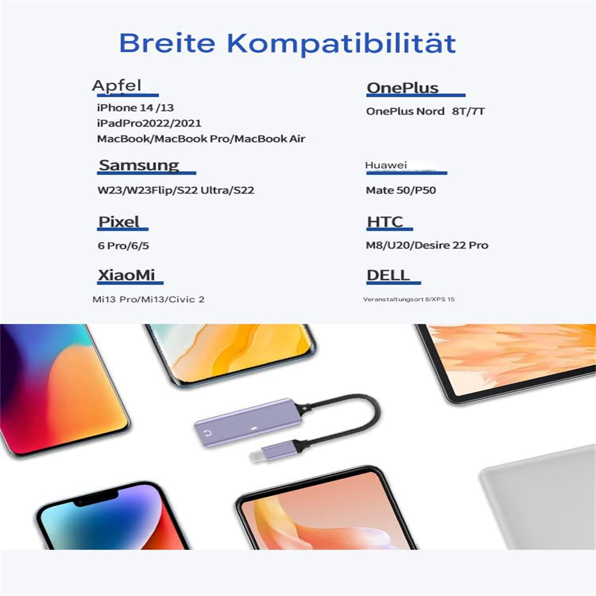 Kompatibilitätsliste mit Apple, Samsung, Huawei, OnePlus, Pixel, HTC, Xiaomi und Dell-Geräten.