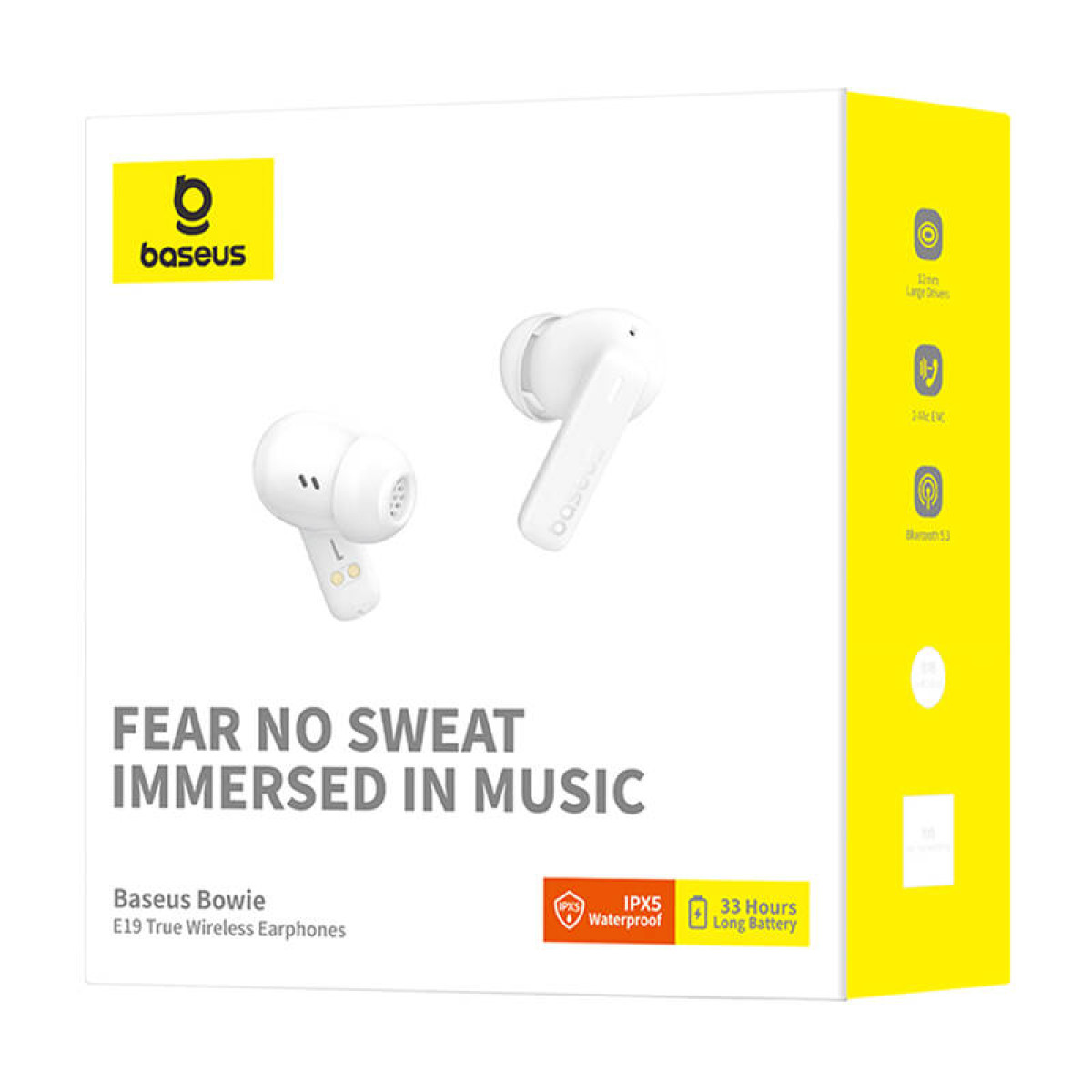 Białe słuchawki Baseus w białym pudełku. Pudełko zawiera szczegóły dotyczące słuchawek, w tym żywotność baterii.