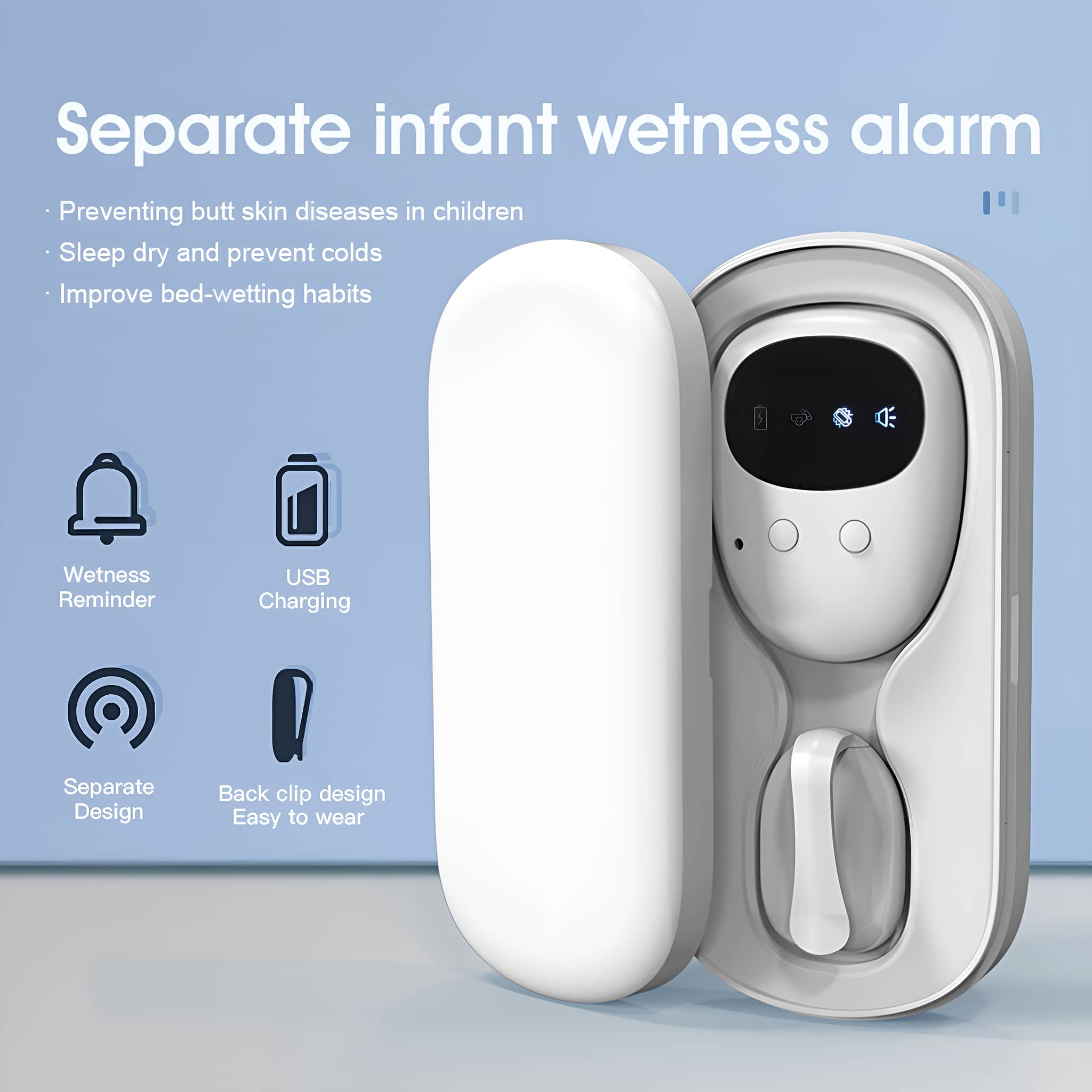 Weißer Baby-Nässealarm mit weißem Gehäuse auf blauem Hintergrund. Text über Funktionen.