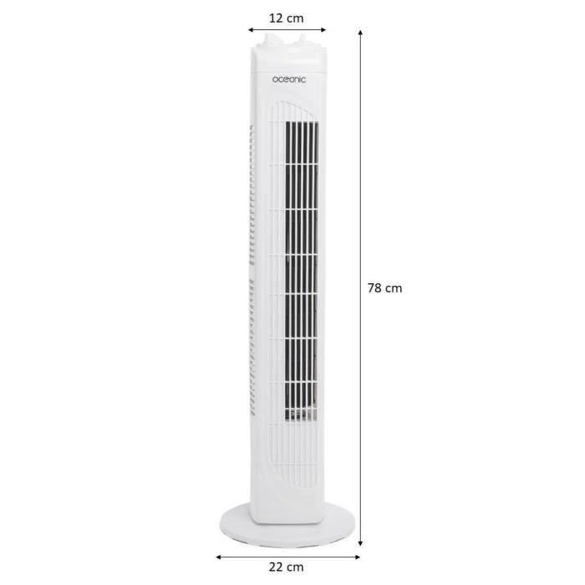 Ventilatore a torre bianco con dimensioni. È largo 12 cm, alto 78 cm e profondo 22 cm.