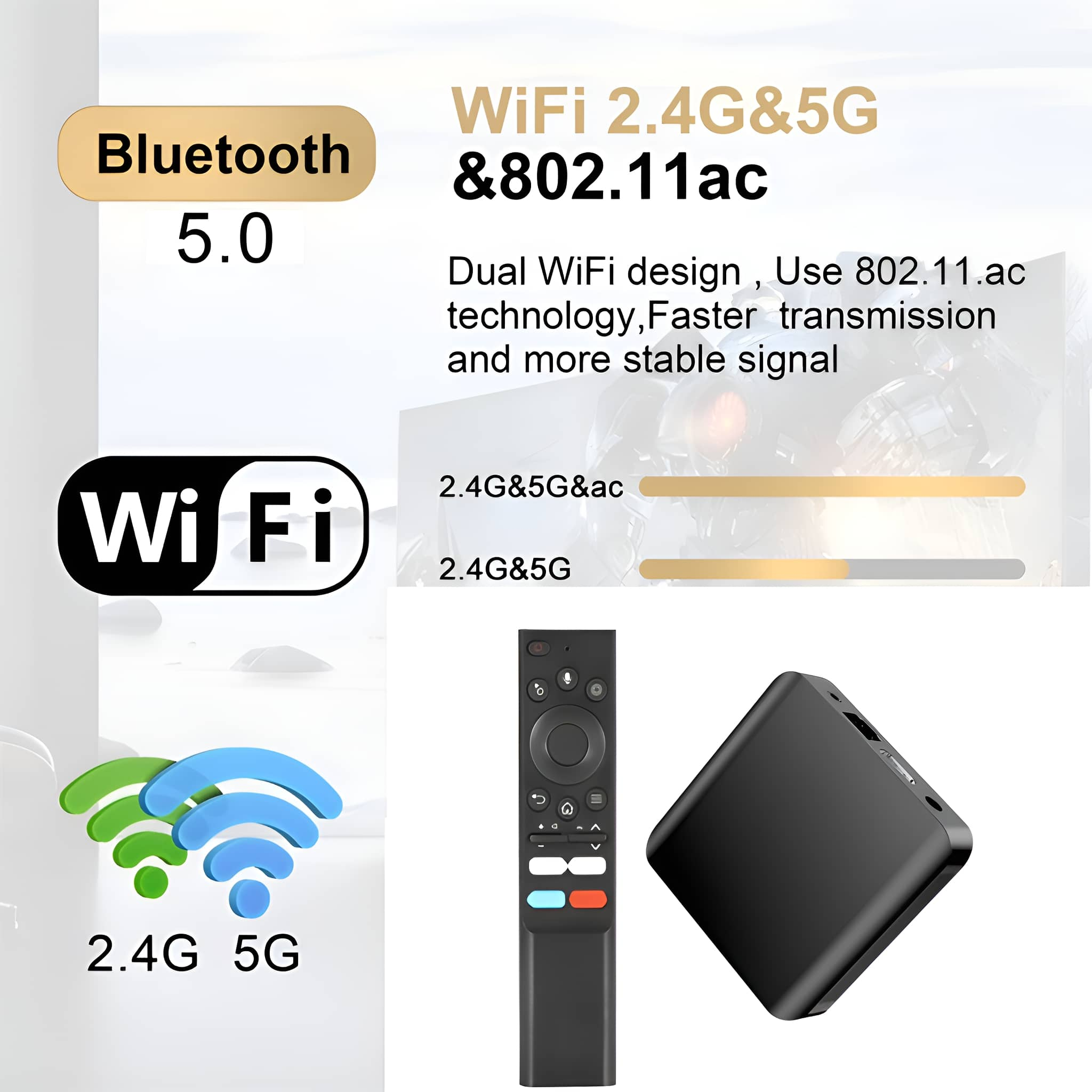 WLAN 2.4G&5G Text, Bluetooth 5.0 Text, eine Fernbedienung und ein kleines schwarzes quadratisches Gerät. Drahtlose Signal-Icons.