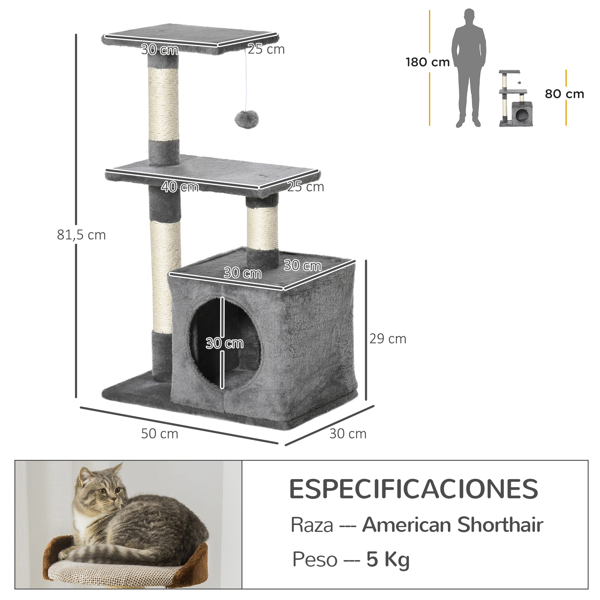 Árbol para gatos con dimensiones y un gato descansando. Las especificaciones incluyen raza y peso.