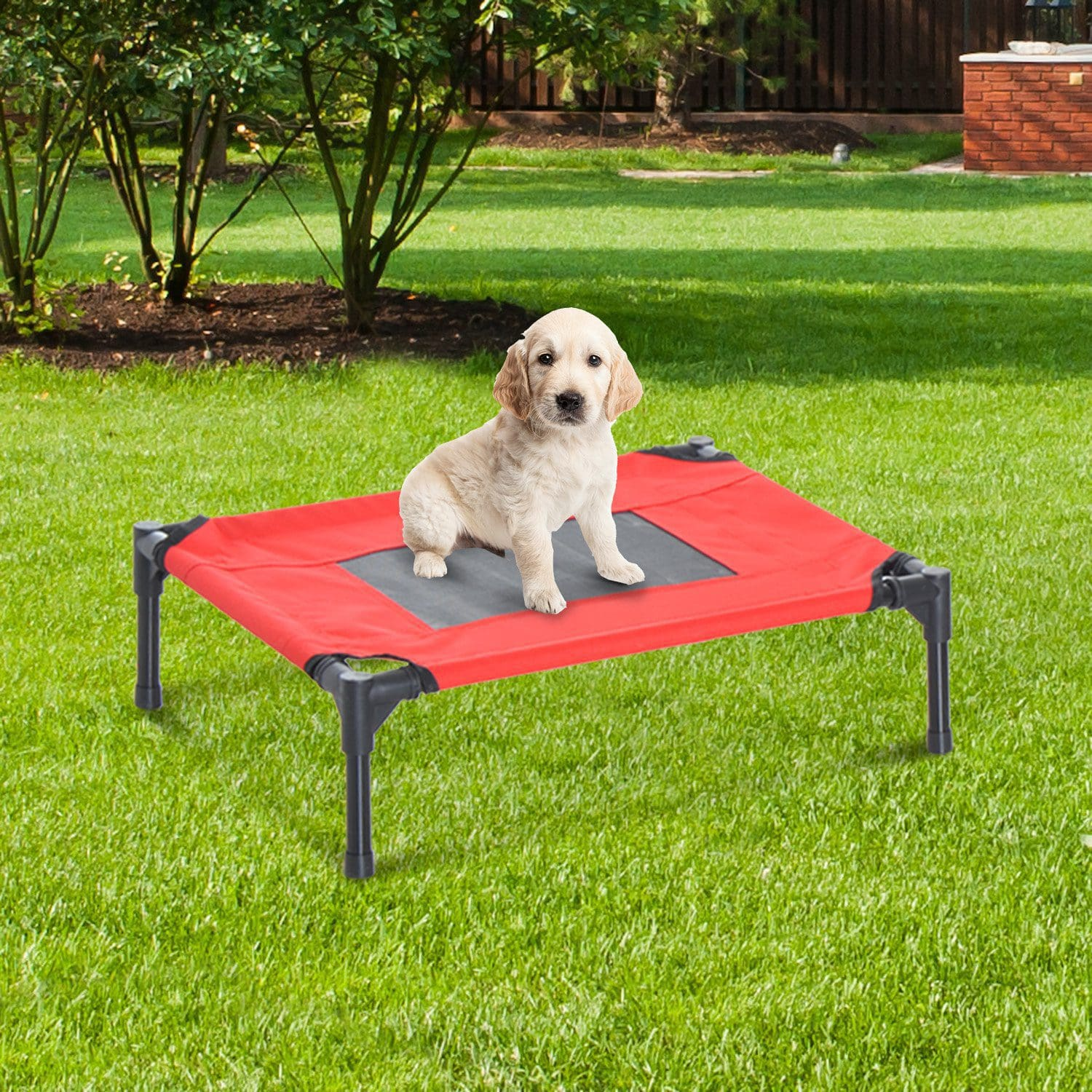 Un cachorro en una cama roja para perros en la hierba. Patas y marco negros, soleado al aire libre.
