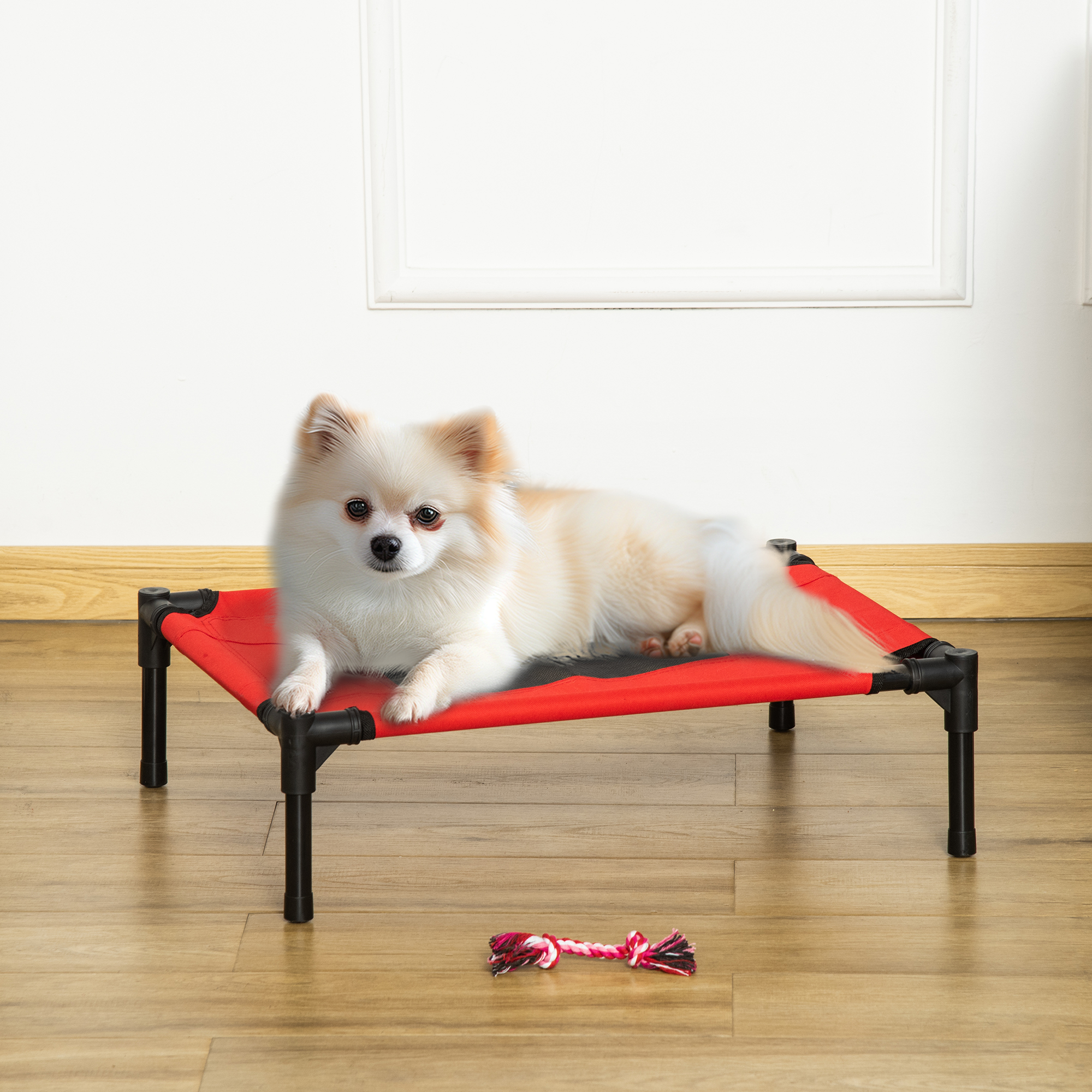 Una cama para perros con un perro blanco y canela sobre un suelo de madera. La cama es roja y negra.