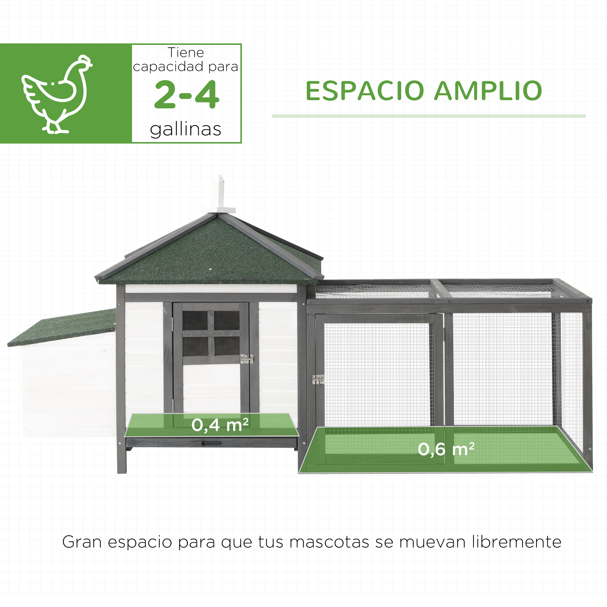 Un gallinero blanco con techo verde, puerta y recinto de malla metálica. El texto indica espacio para 2-4 gallinas.