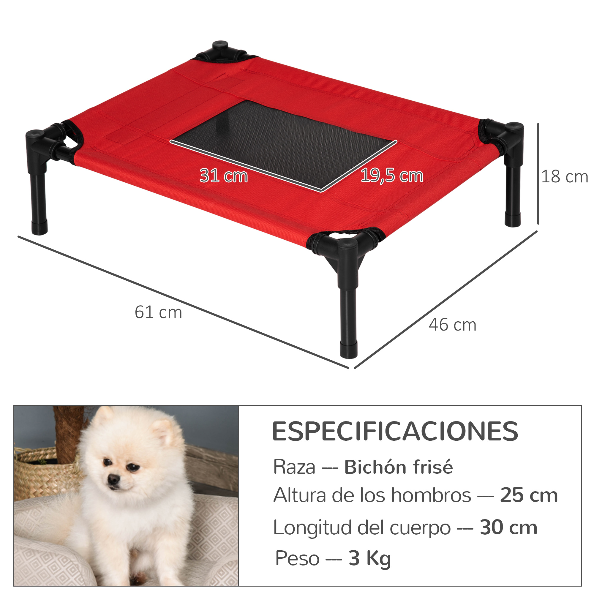 Cama roja para perros con patas negras. Dimensiones provistas. Un perro pequeño en primer plano.