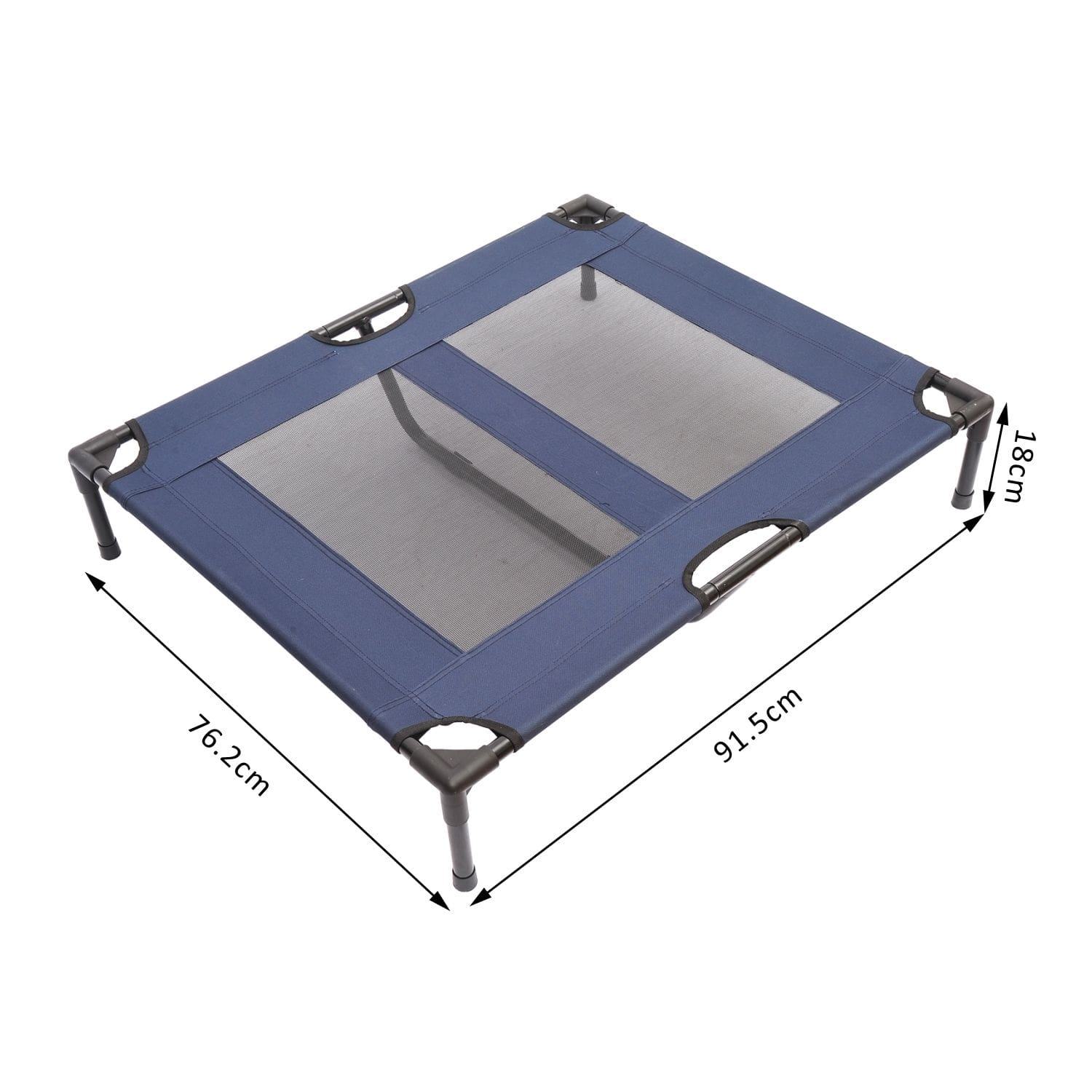 Cama azul para mascotas con dimensiones etiquetadas en cm sobre fondo blanco.