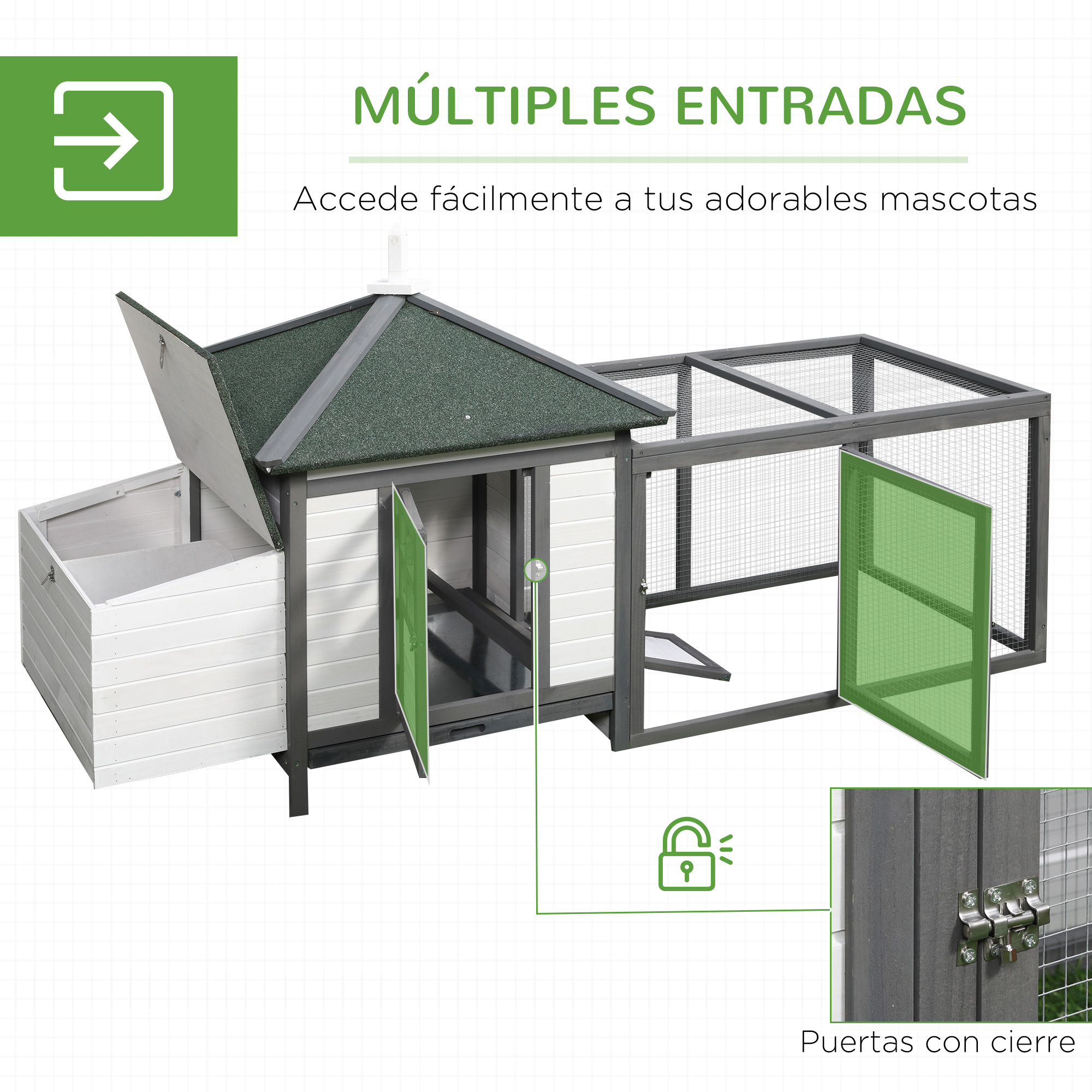 Un gallinero blanco y gris con múltiples entradas y una puerta con cerradura para mascotas.