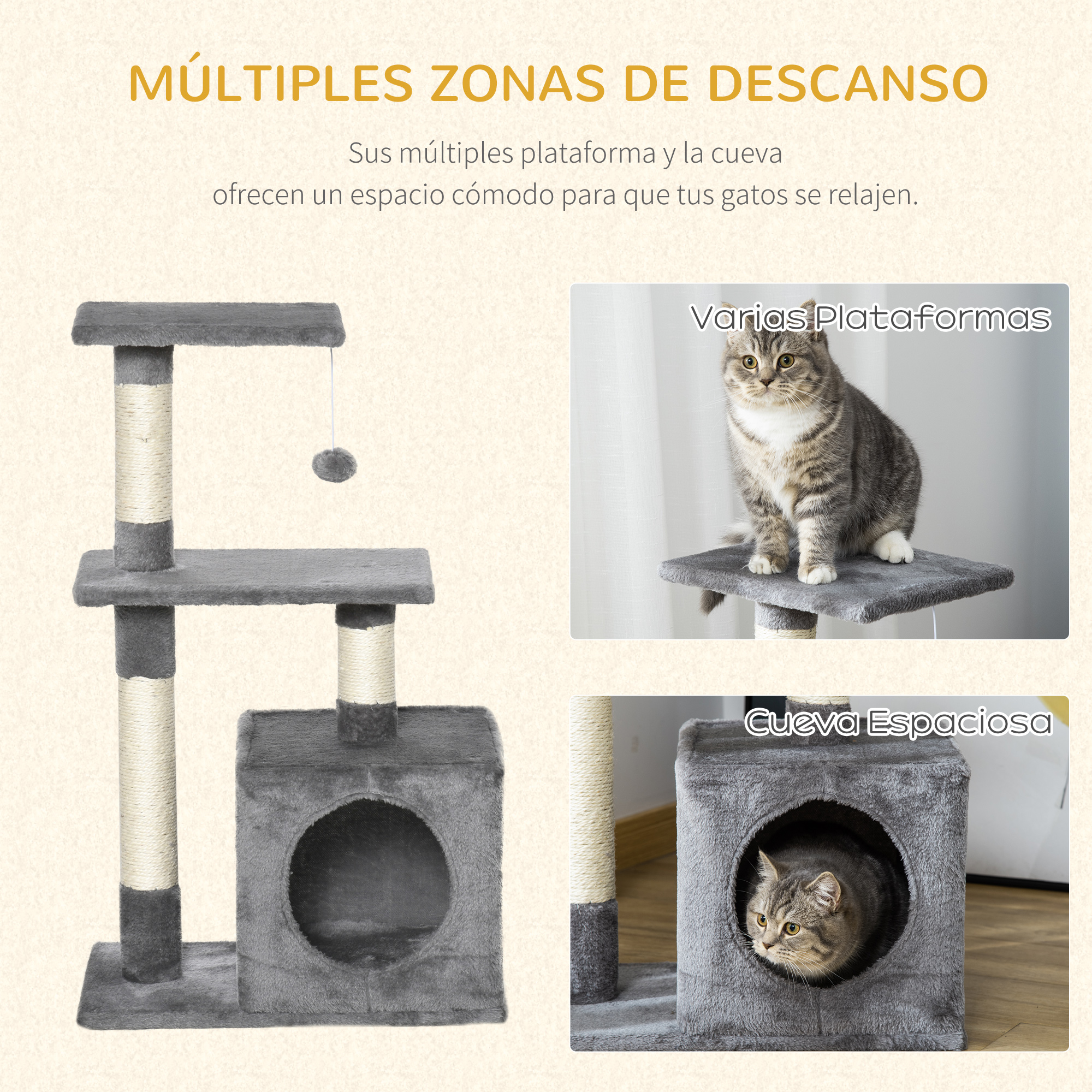Árbol para gatos con múltiples plataformas, una cueva y dos gatos, uno en una plataforma y otro en la cueva.