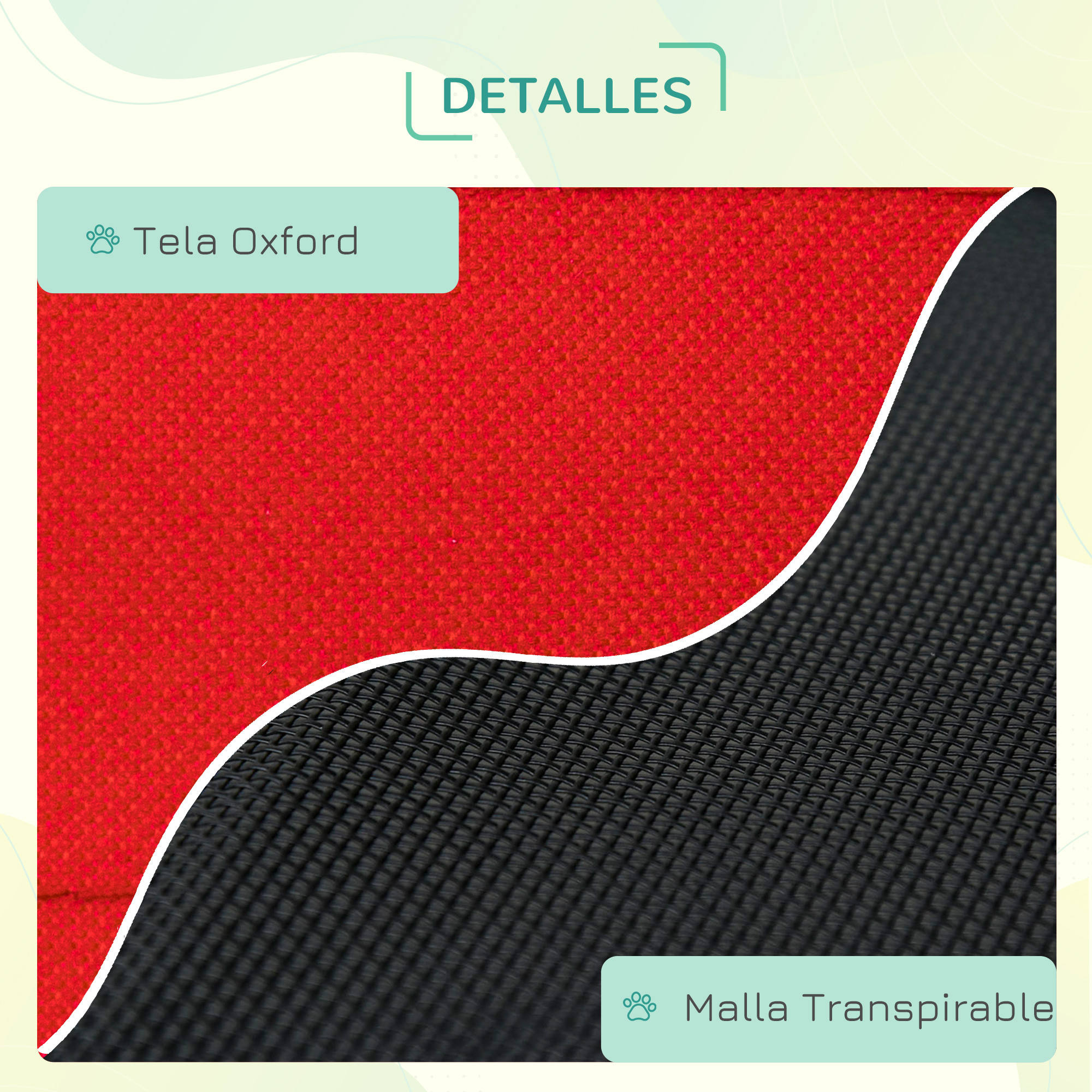 Primer plano de tela roja y negra. El rojo es tela Oxford, el negro es malla transpirable.