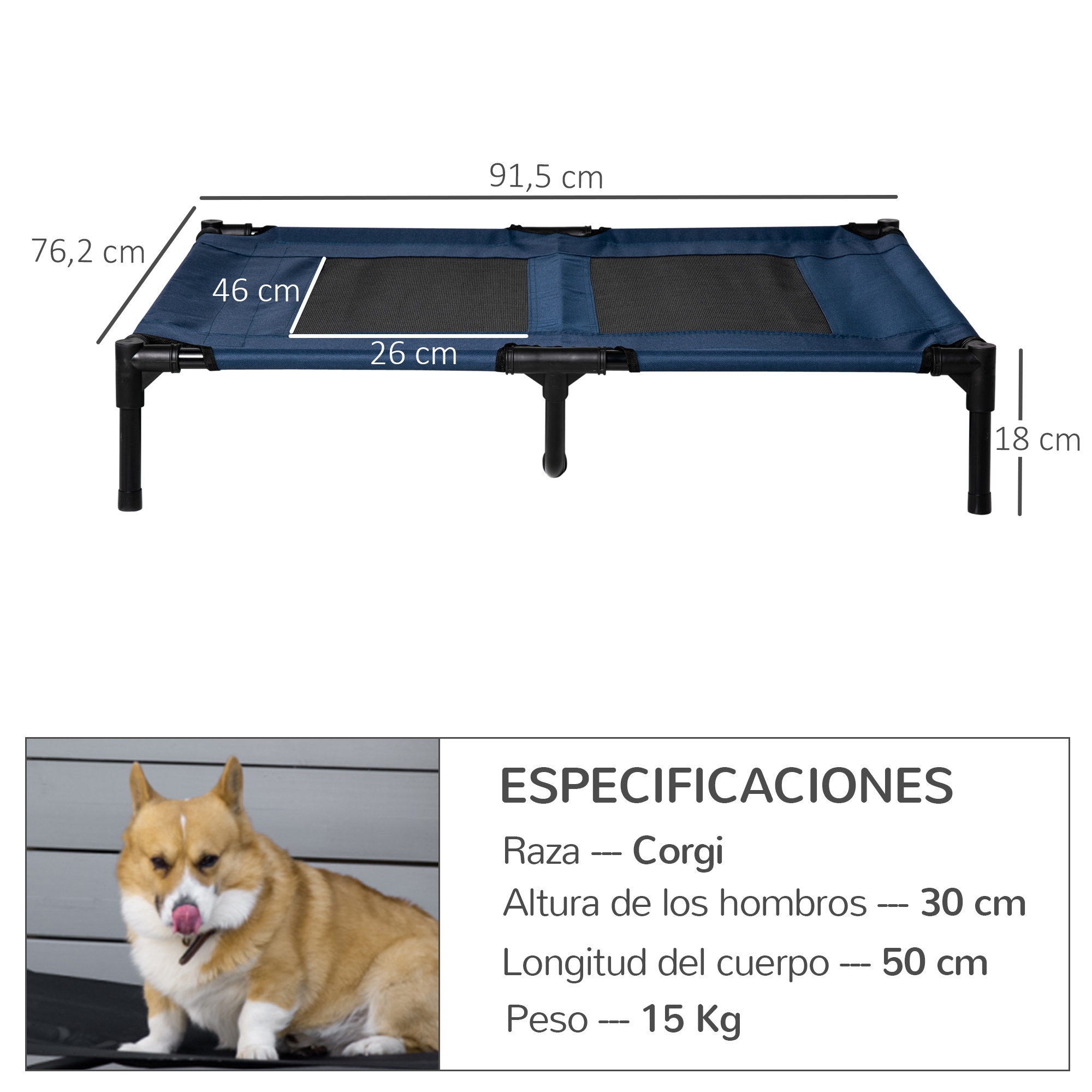 Una cama para perros azul con dimensiones y un Corgi al lado, con especificaciones en español.