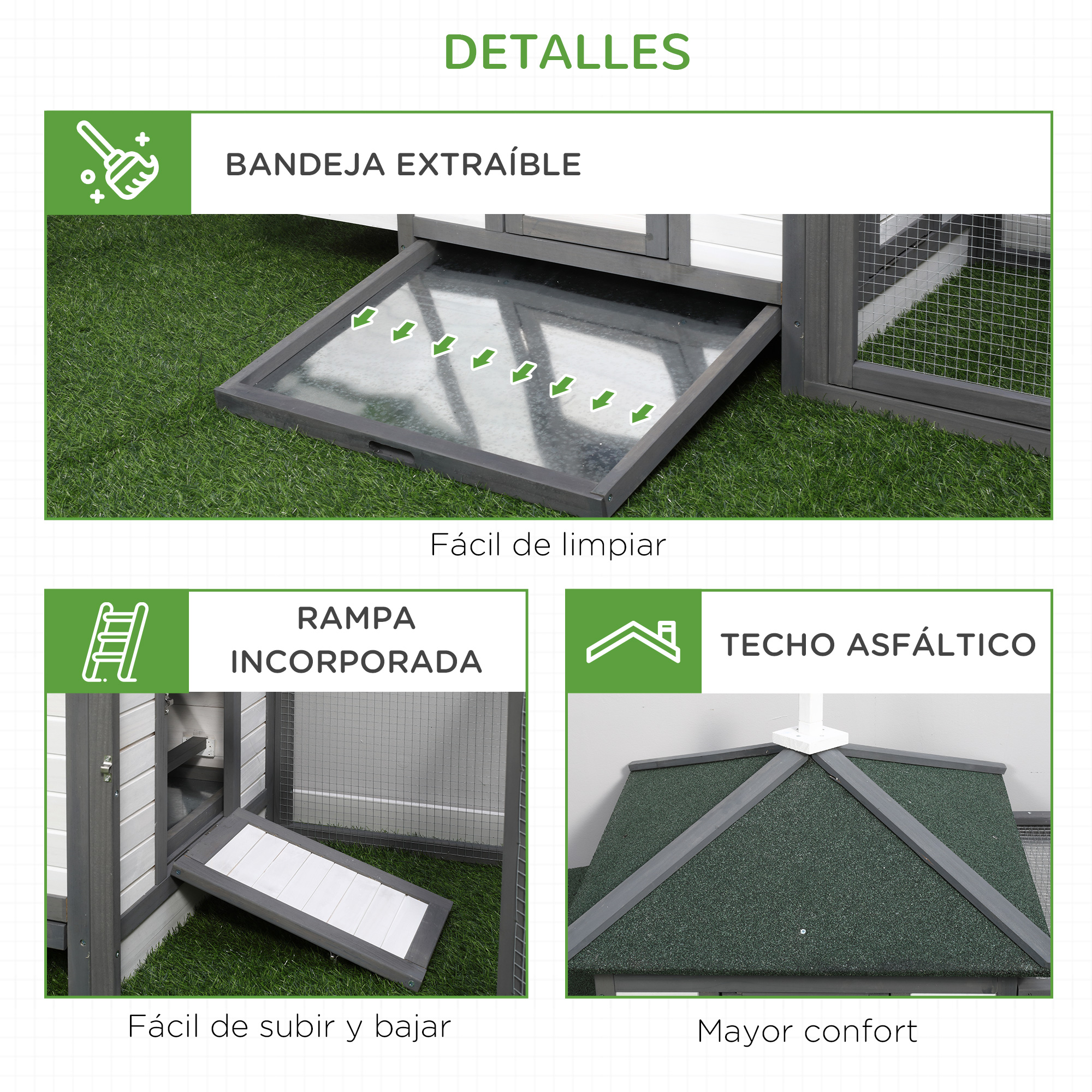 Caseta para perros con bandeja extraíble, rampa y techo asfáltico, texto en español.