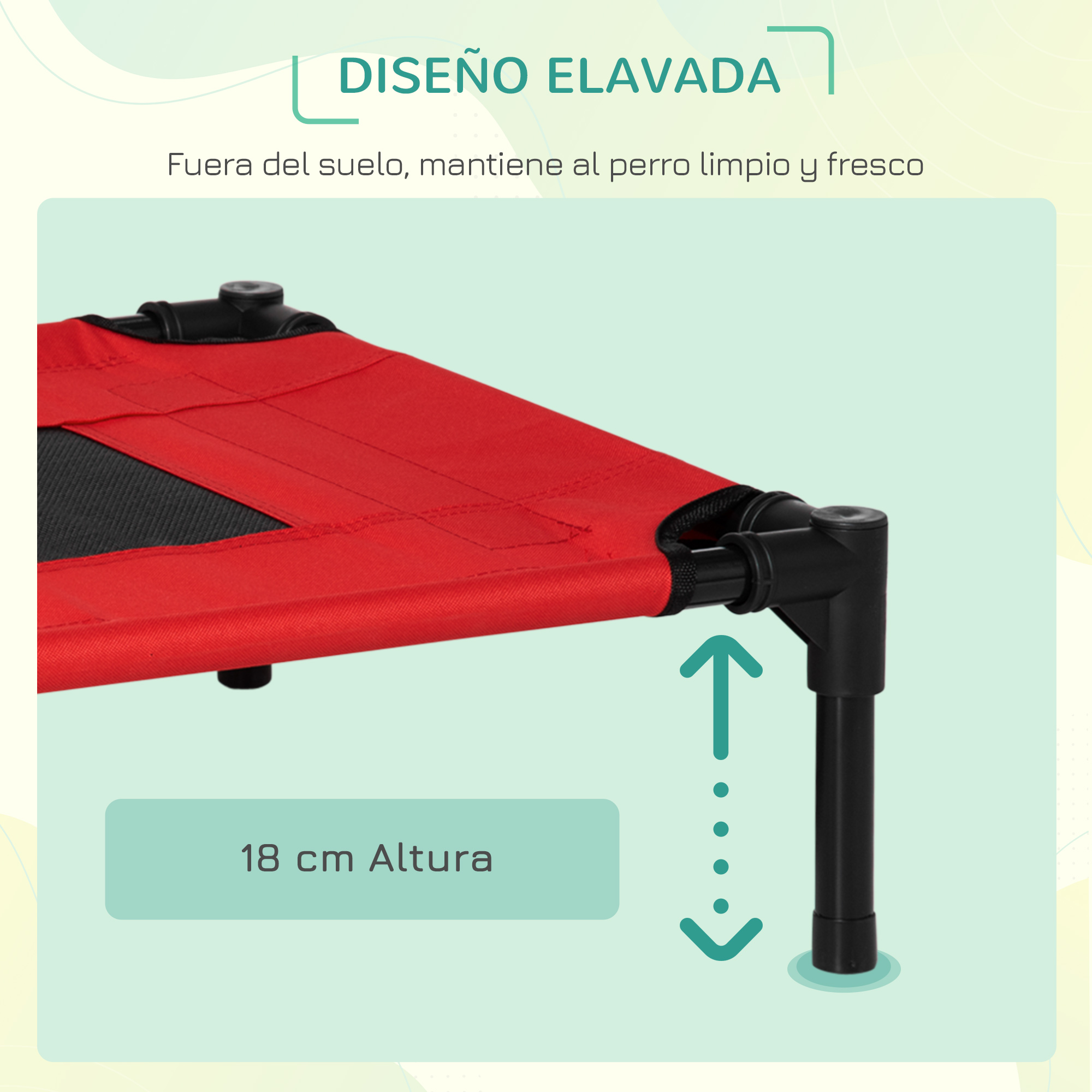 Una cama roja para perros. Está sobre un fondo verde. Una flecha y texto indican que la cama mide 18 cm de altura.