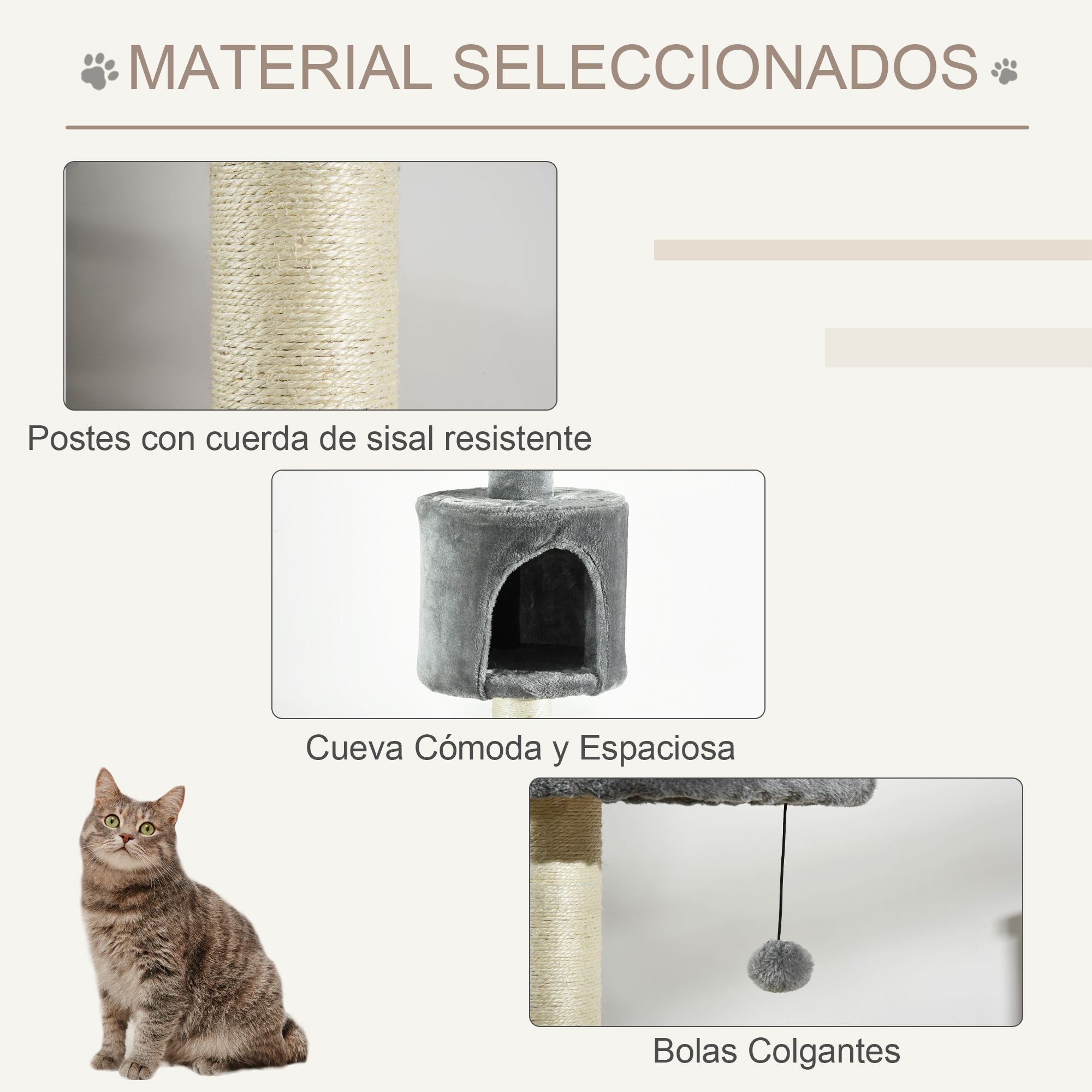 Una imagen con texto y elementos de árbol para gatos, incluyendo postes rascadores, una cueva acogedora y bolas colgantes.