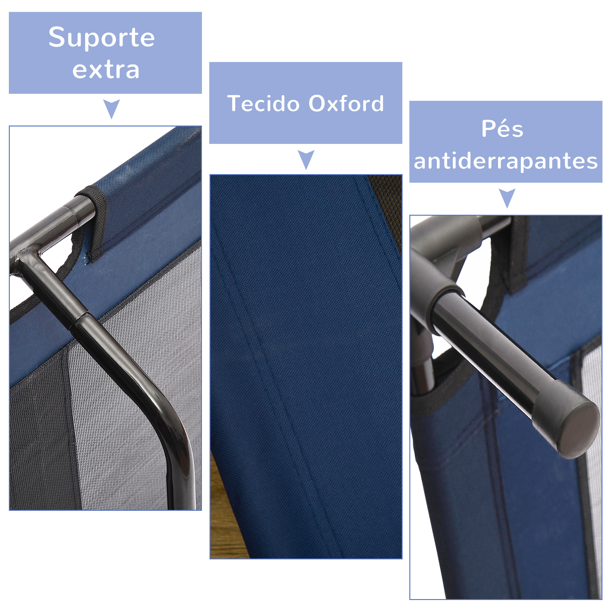 Detalles de cerca de un cochecito plegable para mascotas. Muestra soporte adicional, tela Oxford y pies antideslizantes.