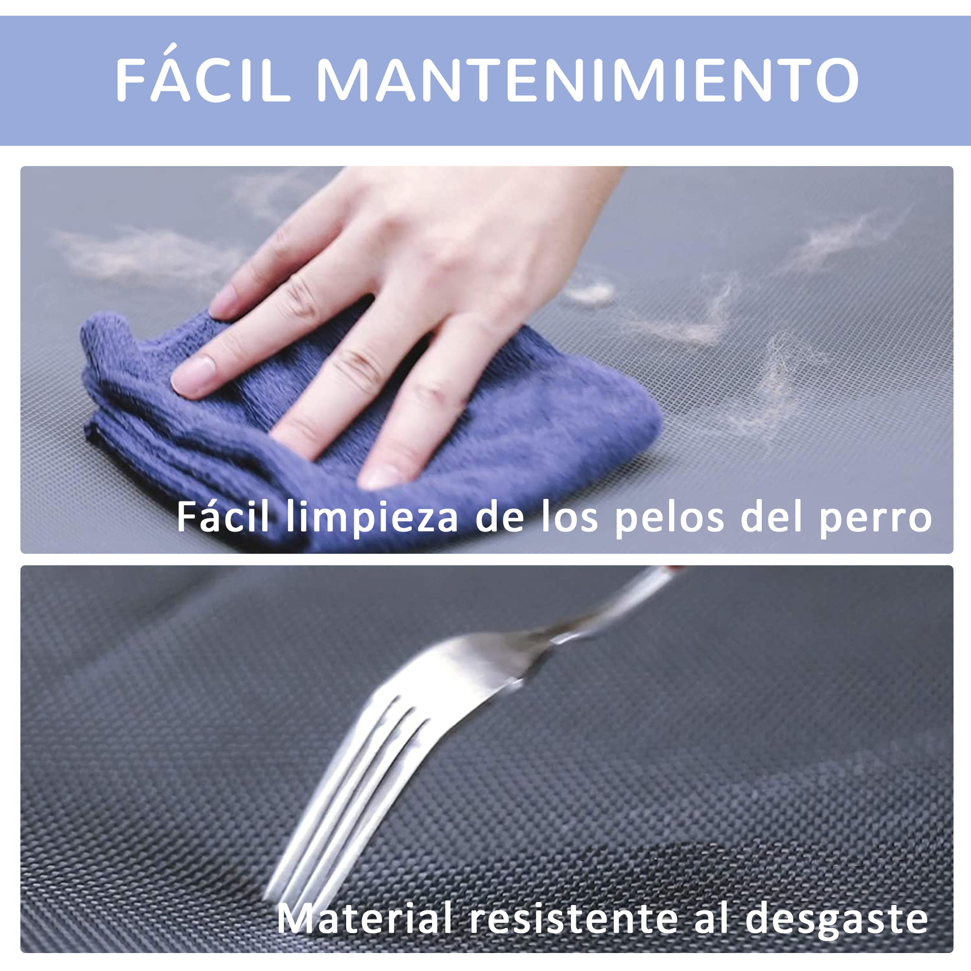 Una mano limpia una superficie con un paño azul. Se muestra un tenedor en una superficie. Ambas superficies parecen ser aptas para mascotas.