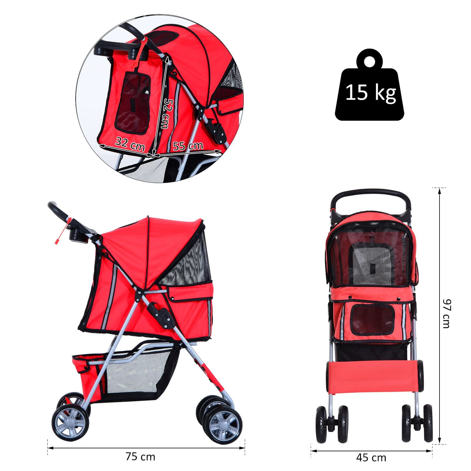 Un cochecito rojo para mascotas con dimensiones, mostrado desde los lados y frontal.