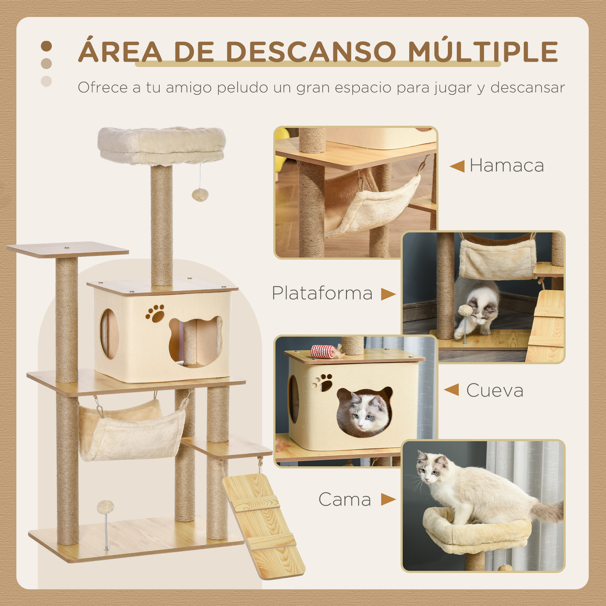 Árbol para gatos con múltiples niveles y características, incluyendo una hamaca, plataforma, cueva y cama.