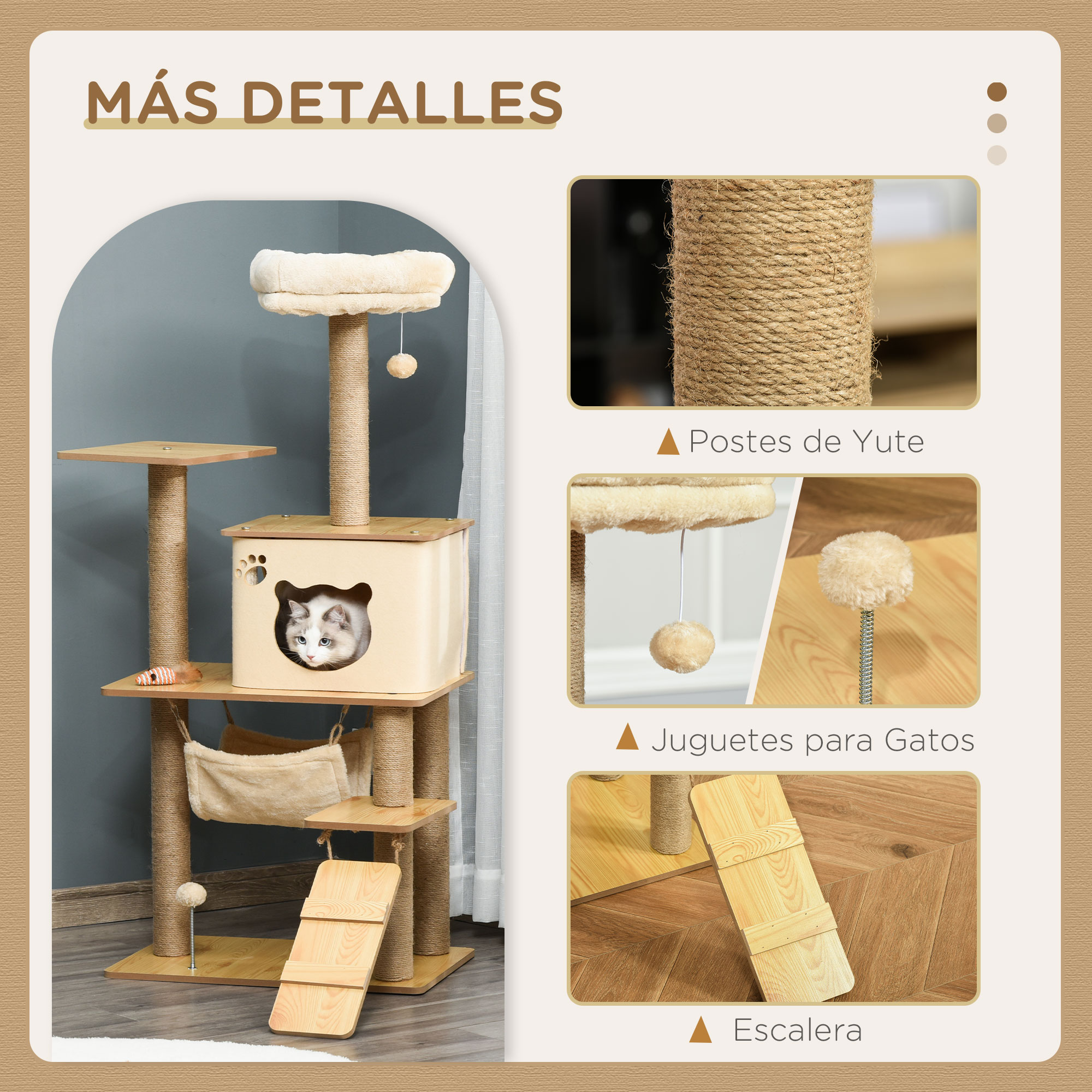 Árbol para gatos con un gato, primeros planos de postes de yute, juguetes para gatos y una escalera de madera.