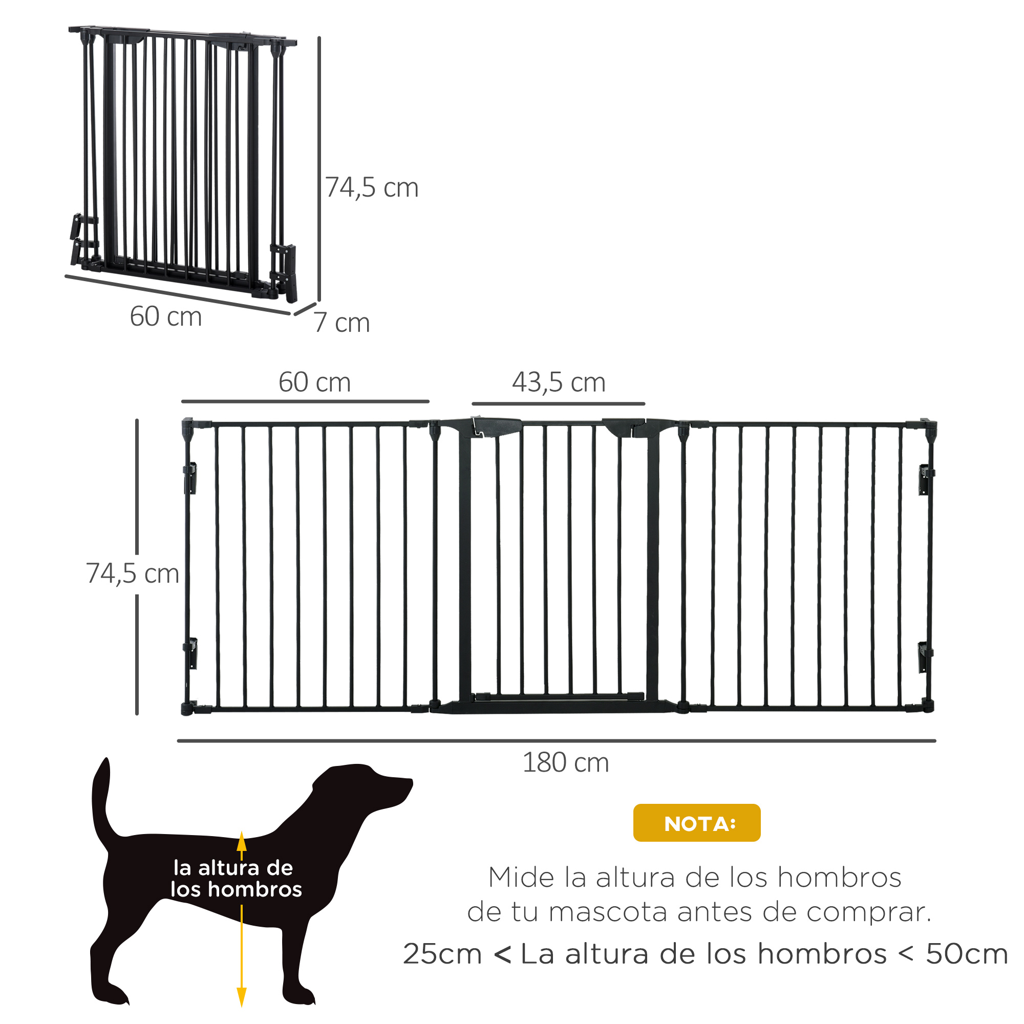 Una puerta para mascotas negra con dimensiones mostradas. Una silueta de un perro está junto a una nota con pautas de altura.