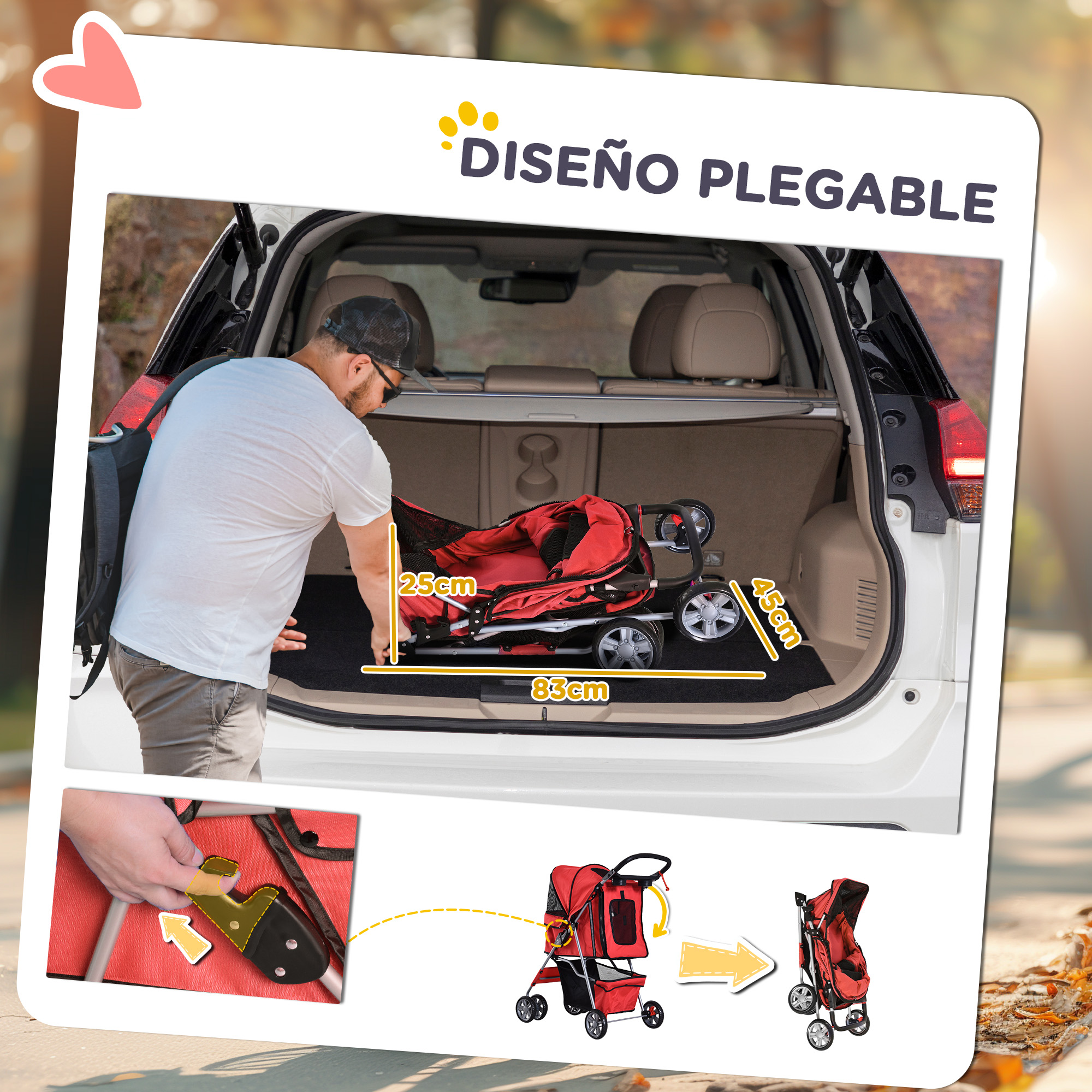 Un cochecito plegable en el maletero de un coche. El cochecito es rojo y el maletero está abierto.