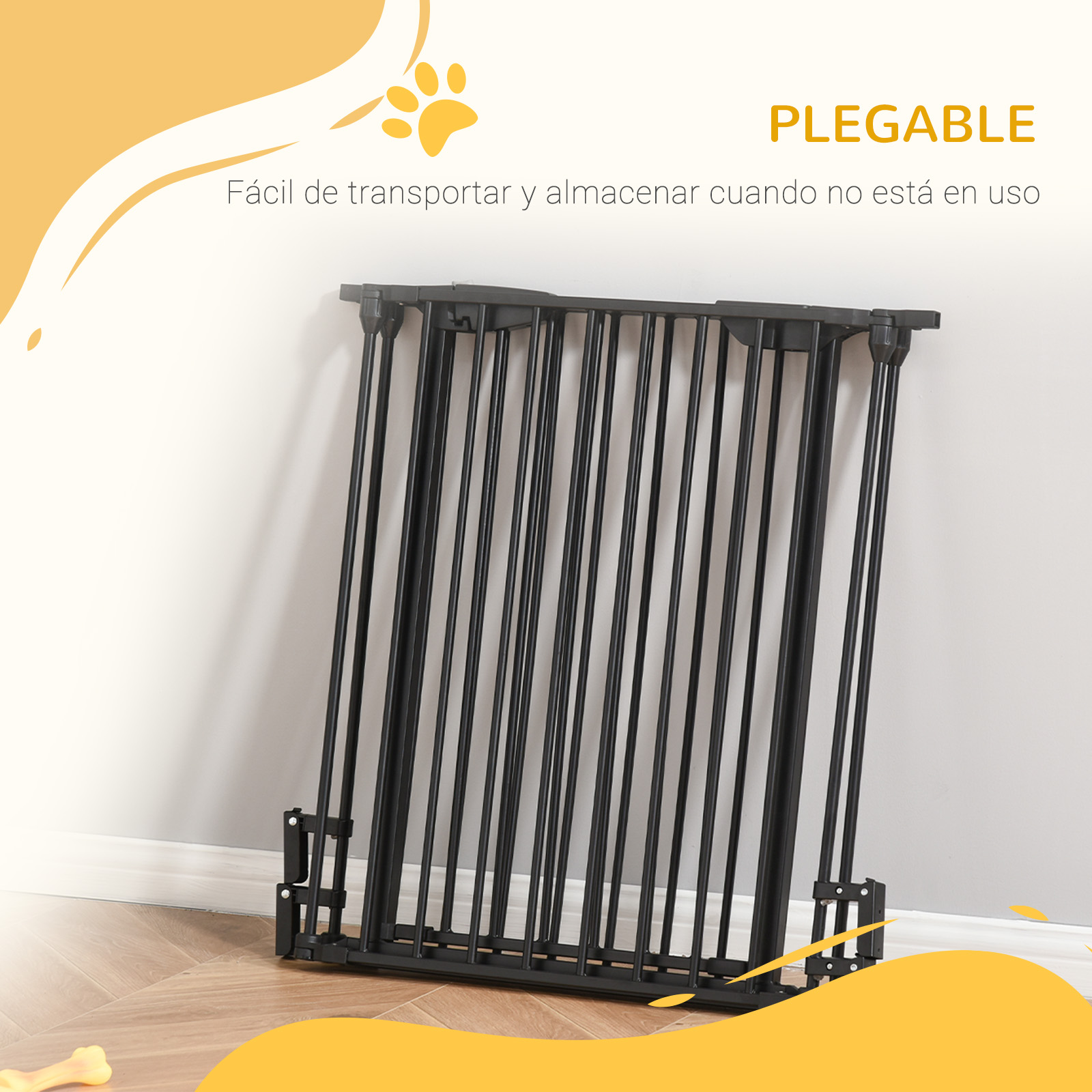 Puerta plegable para mascotas negra. Sobre suelo de madera contra pared blanca.