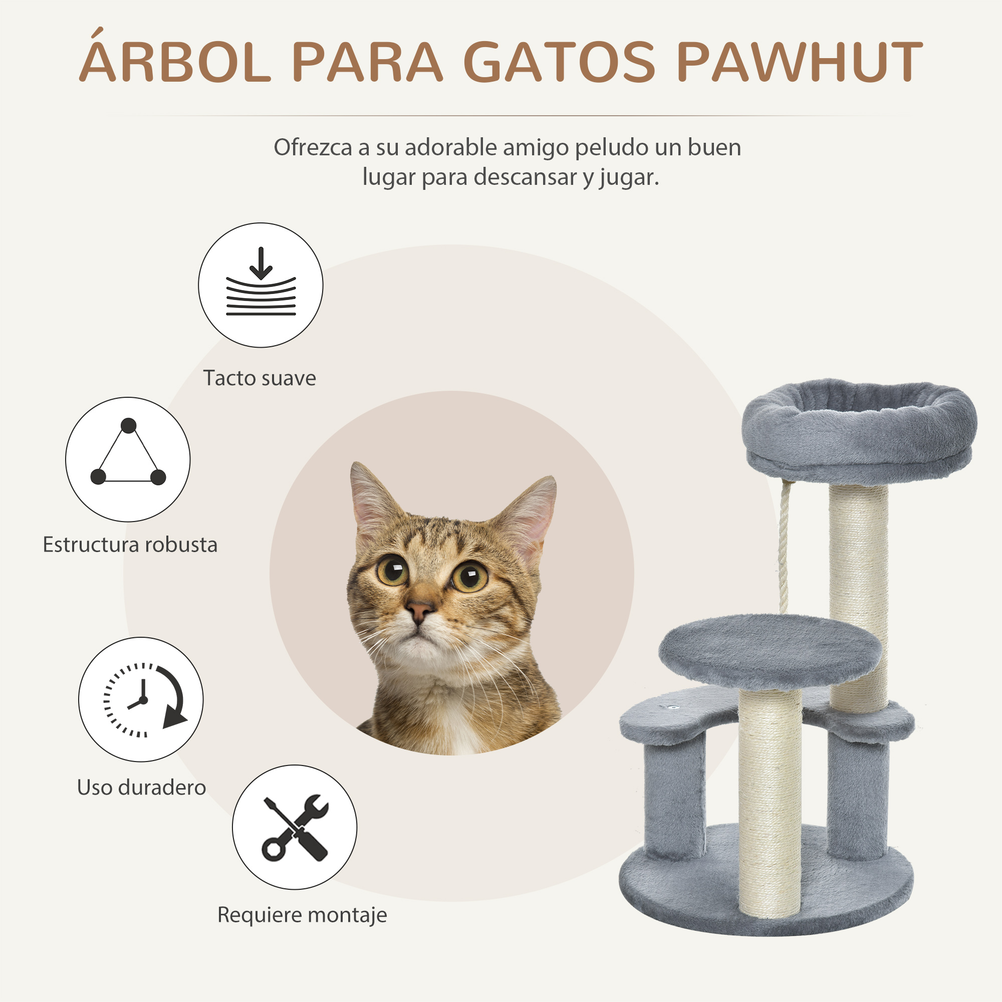 Un rascador para gatos con un retrato de gato e iconos alrededor.